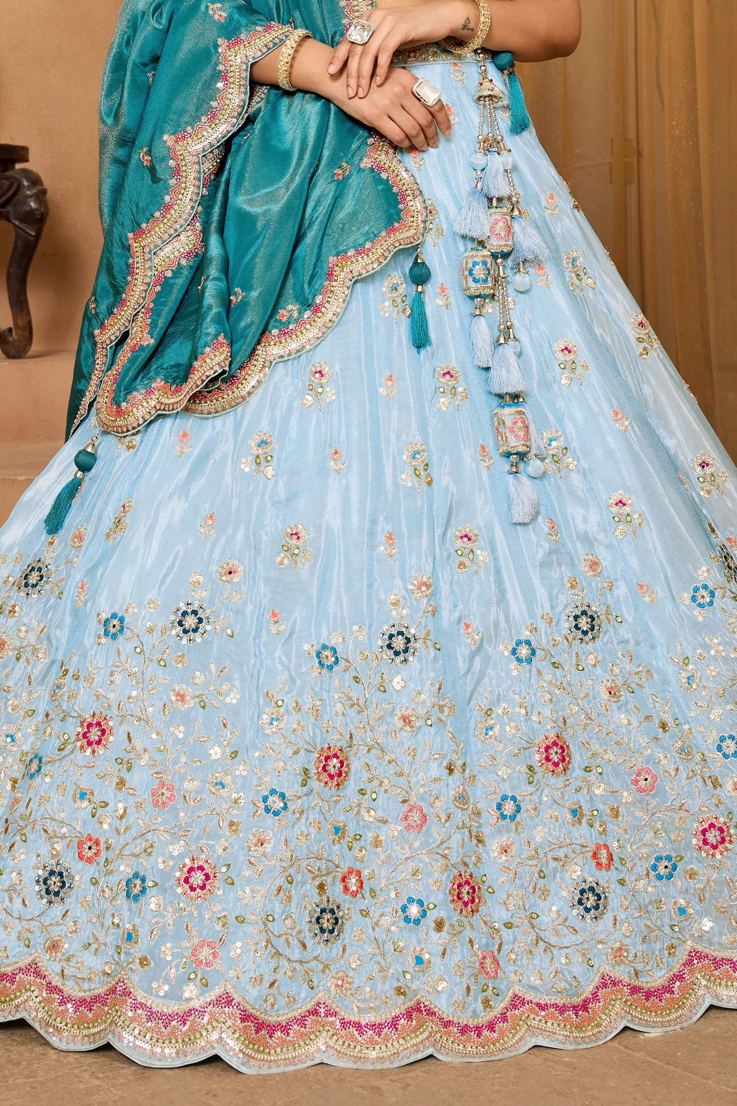 Light Blue Semi-Stitched Embroidered Tissue Lehenga