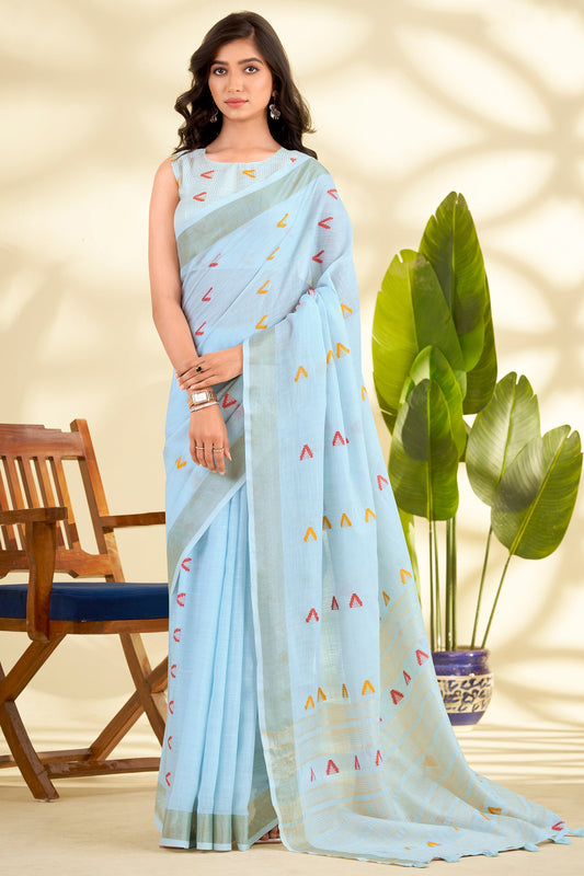 Light Blue Woven Linen Silk Saree-SAR10007_1_SareeButa.com