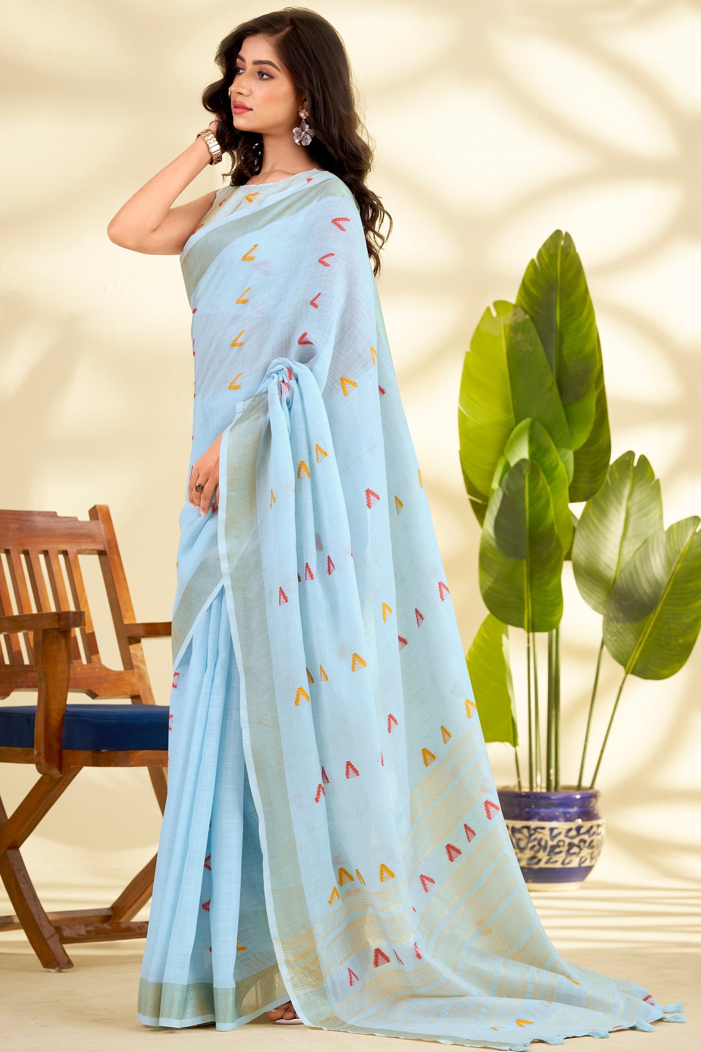 Light Blue Woven Linen Silk Saree-SAR10007_3_SareeButa.com