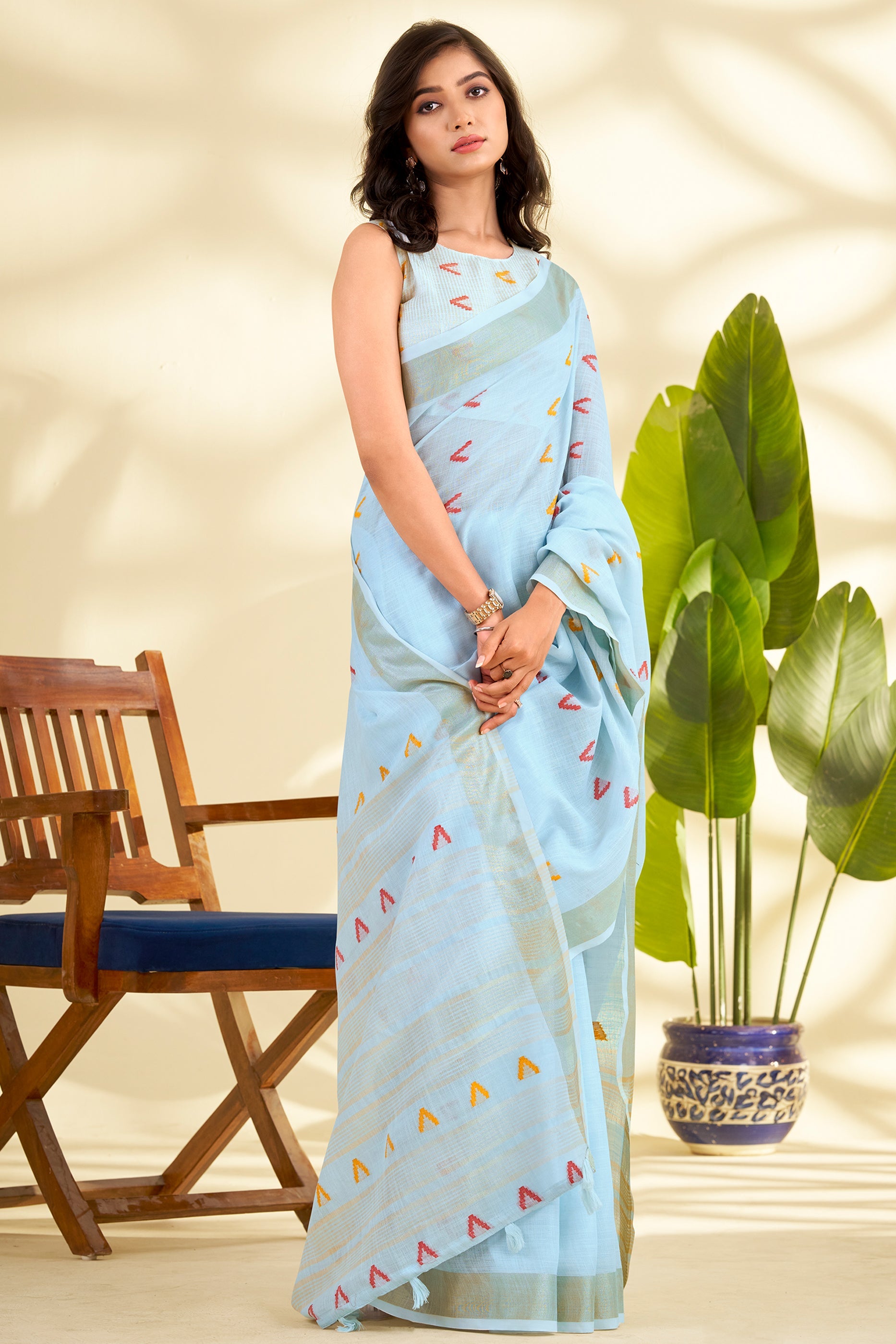 Light Blue Woven Linen Silk Saree-SAR10007_5_SareeButa.com