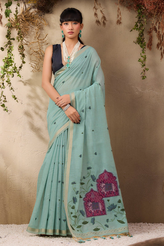 Light Blue Woven Munga Cotton Saree-SAR11216_1_SareeButa.com