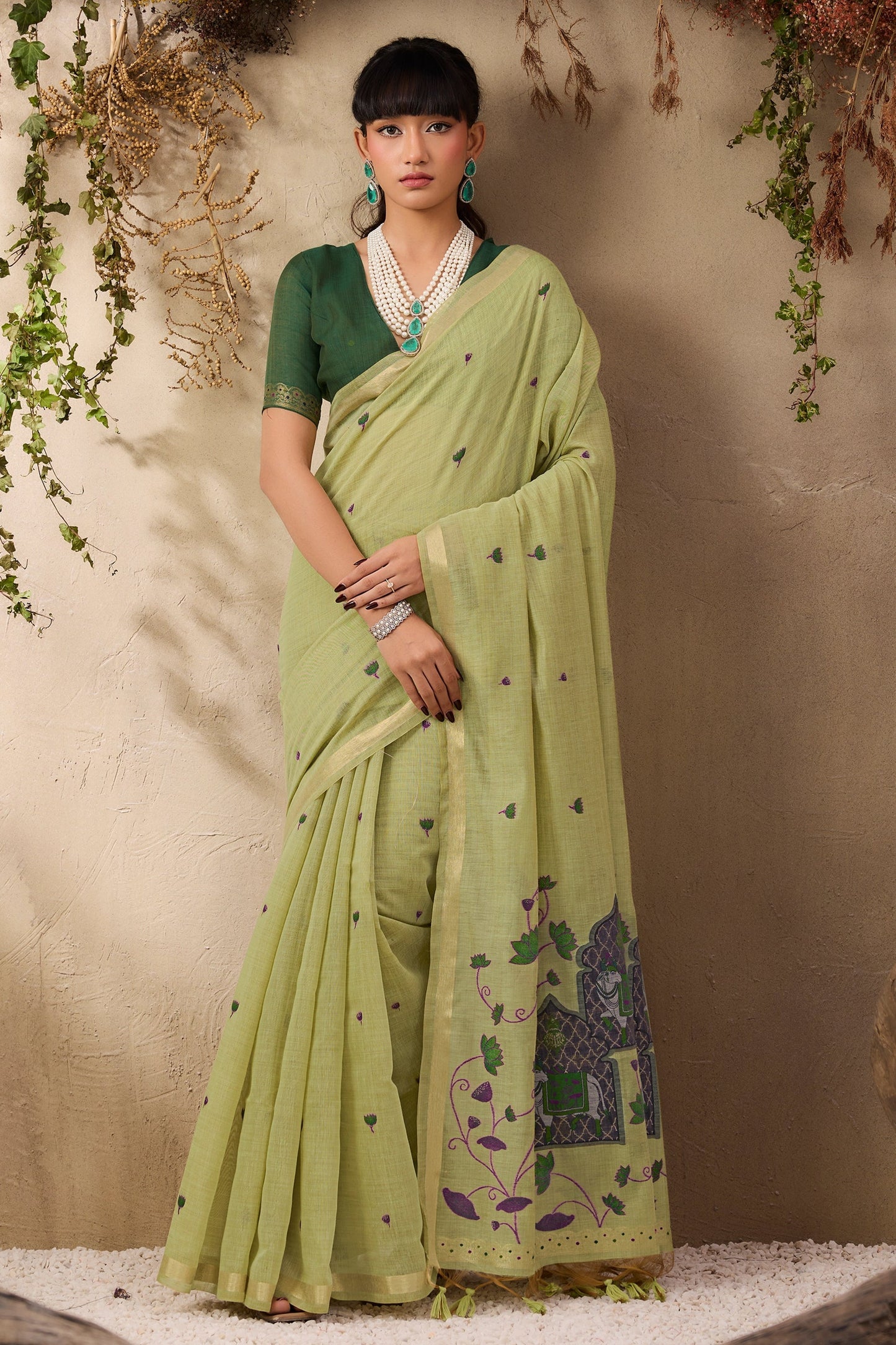 Light Green Woven Munga Cotton Saree-SAR11217_1_SareeButa.com
