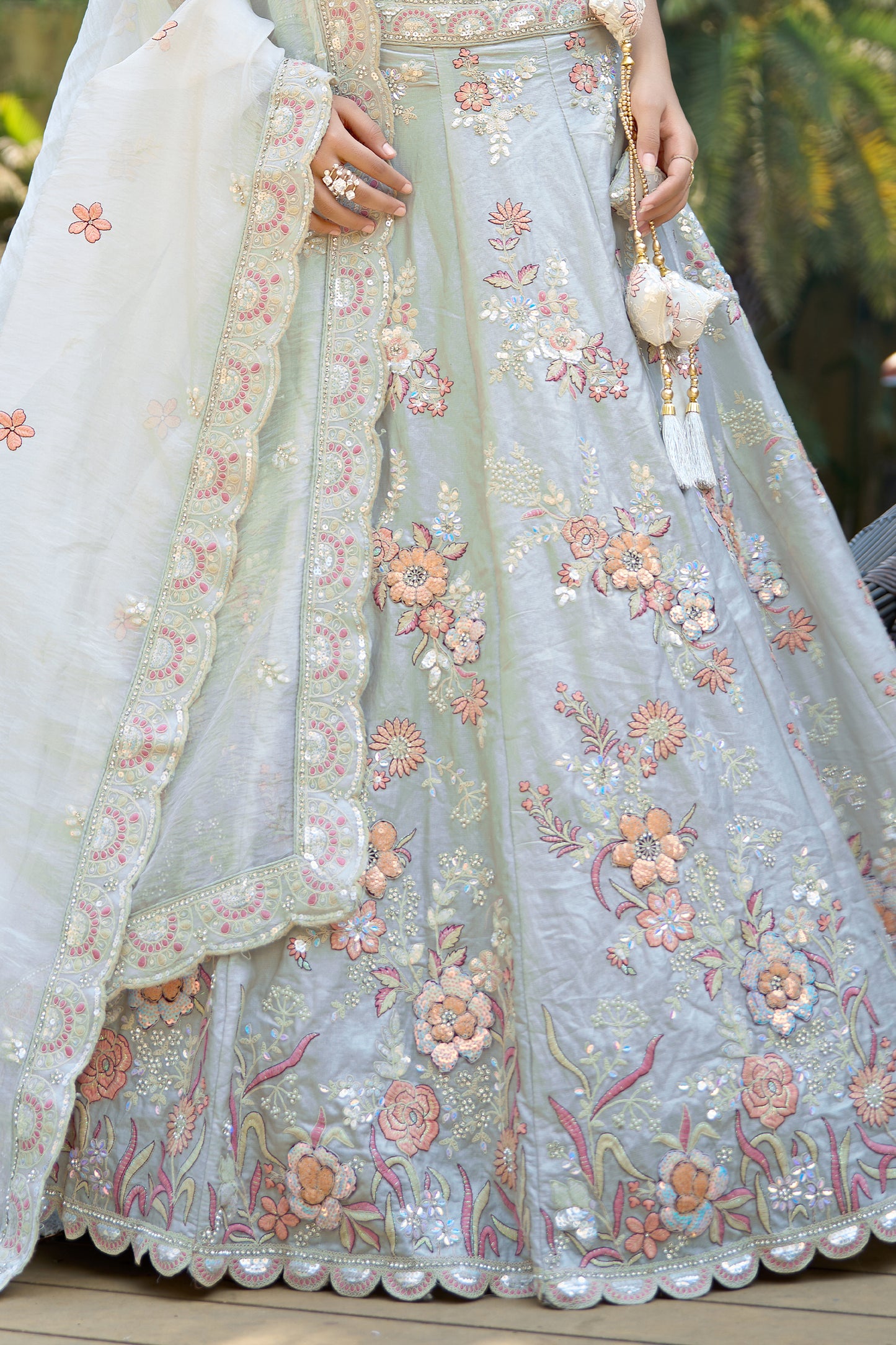 Light Grey Semi-Stitched Embroidered Silk Lehenga