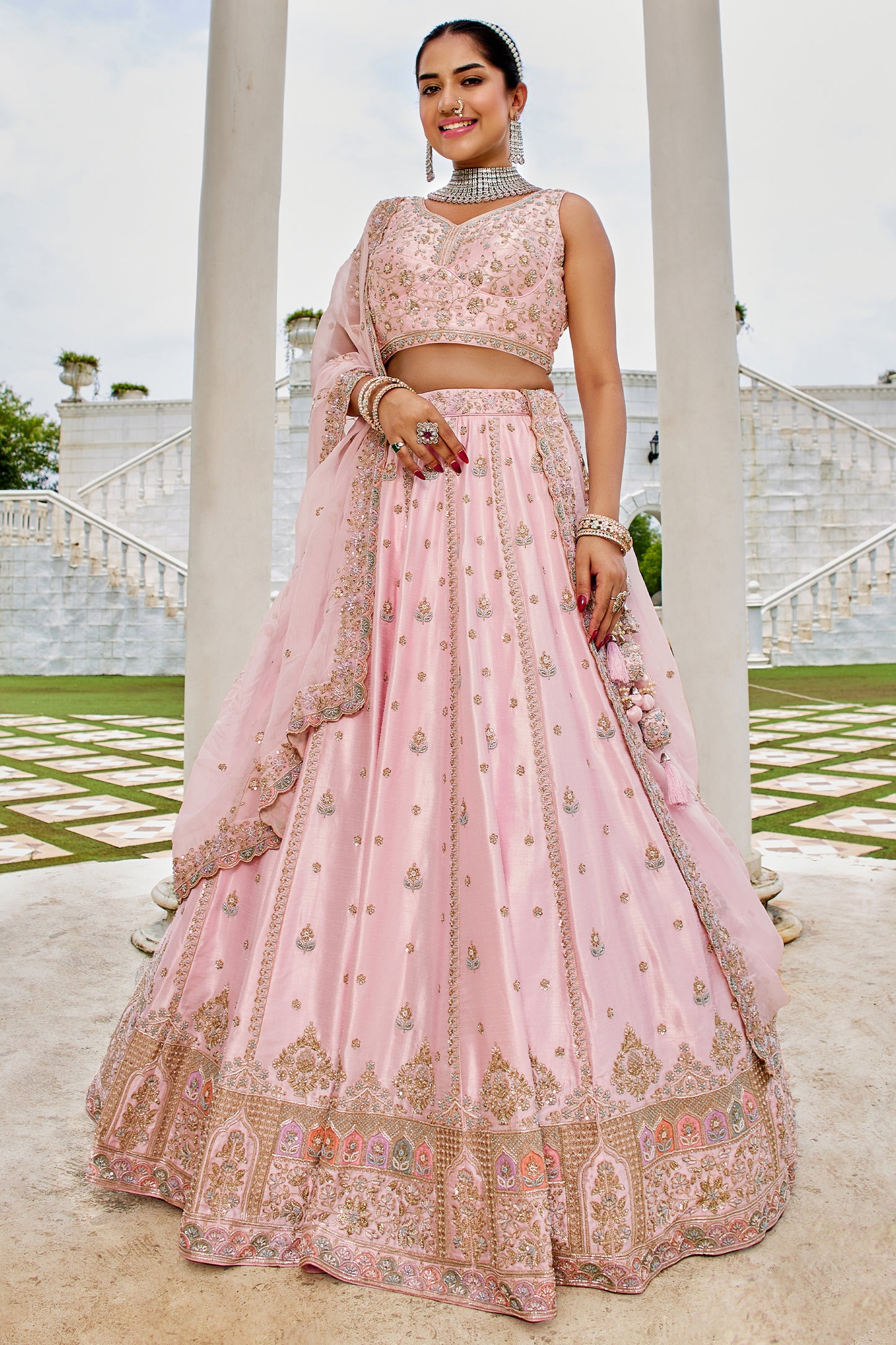 Light Pink Semi-Stitched Embroidered Silk Lehenga