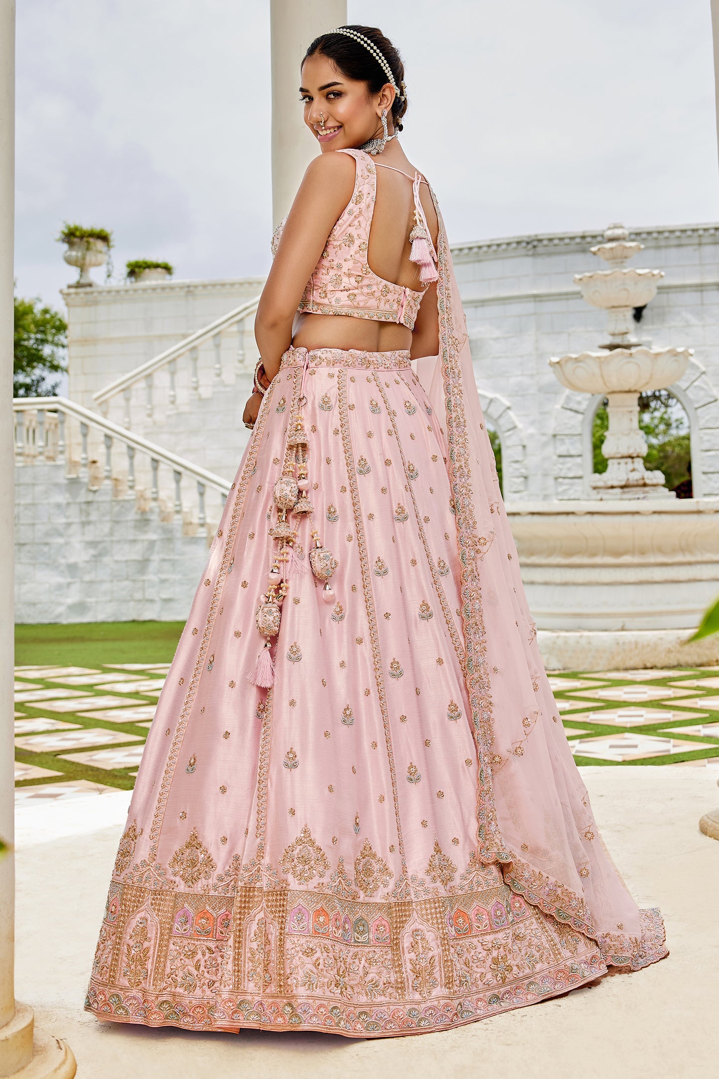 Light Pink Semi-Stitched Embroidered Silk Lehenga