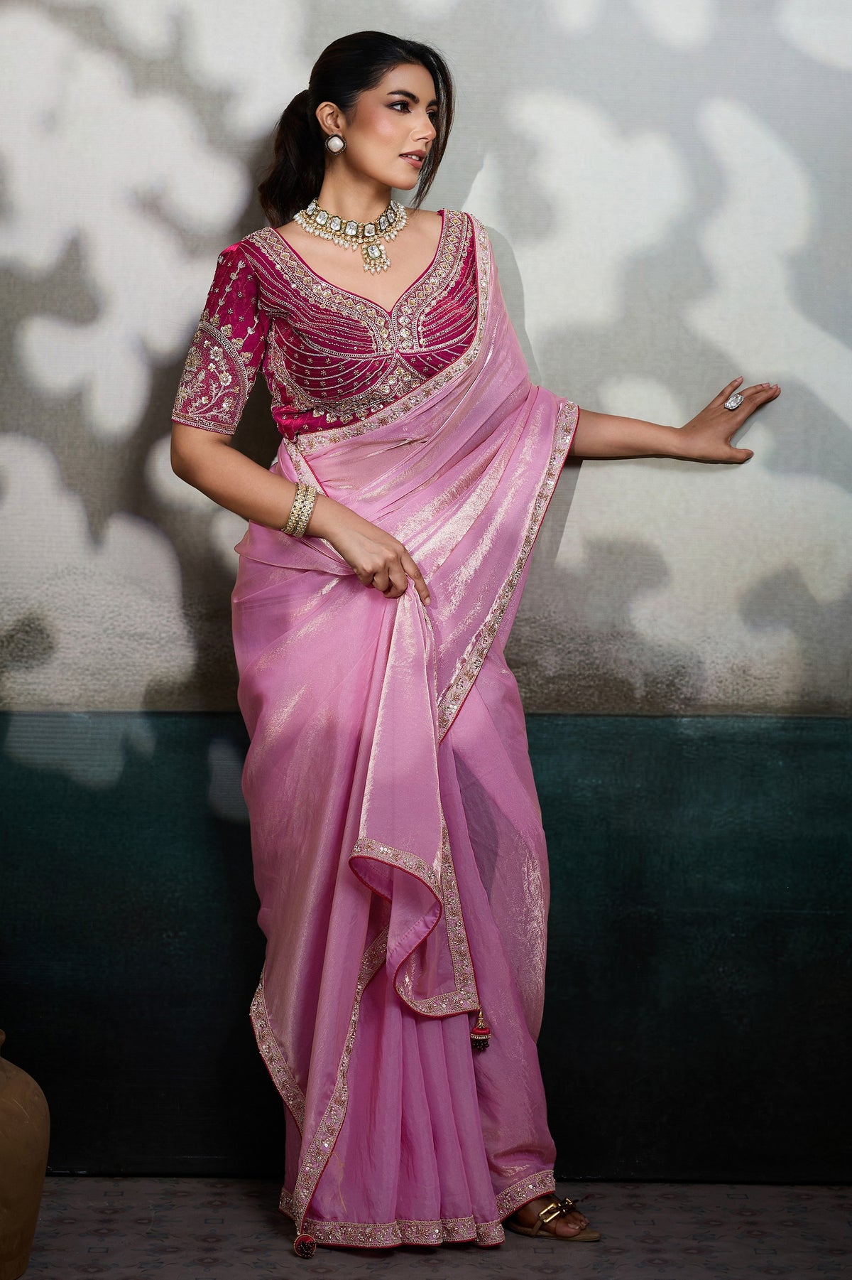 Light Pink Velvet Satin Saree With Readymade Blouse-SAR12906_1_SareeButa.com