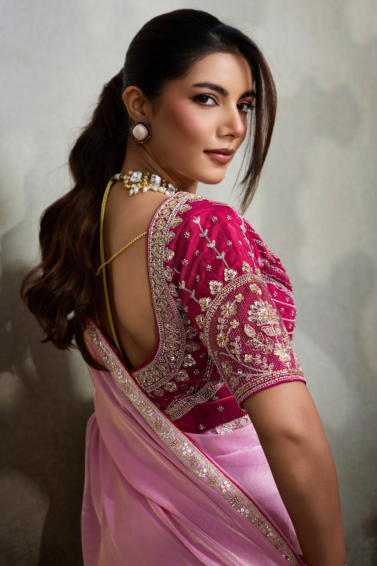 Light Pink Velvet Satin Saree With Readymade Blouse-SAR12906_2_SareeButa.com