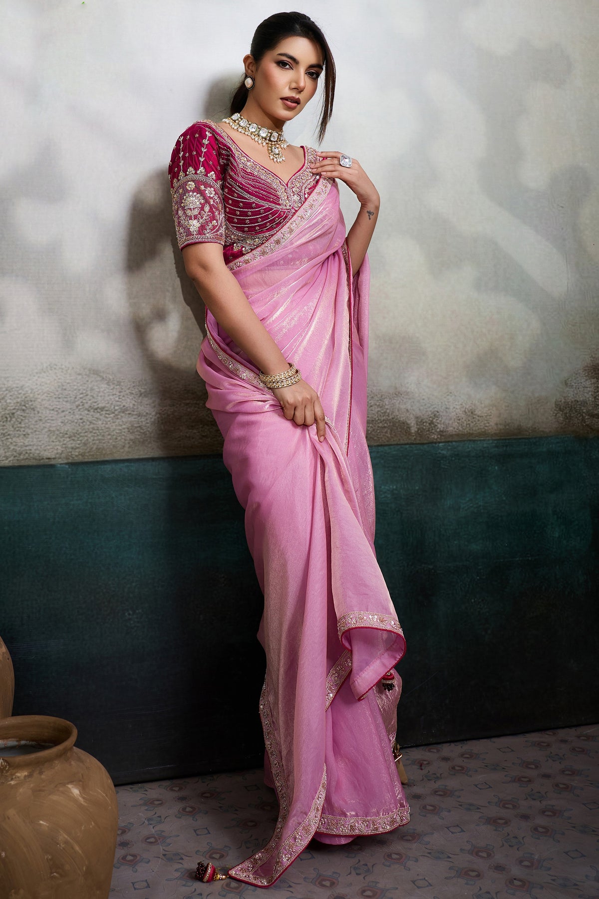 Light Pink Velvet Satin Saree With Readymade Blouse-SAR12906_3_SareeButa.com