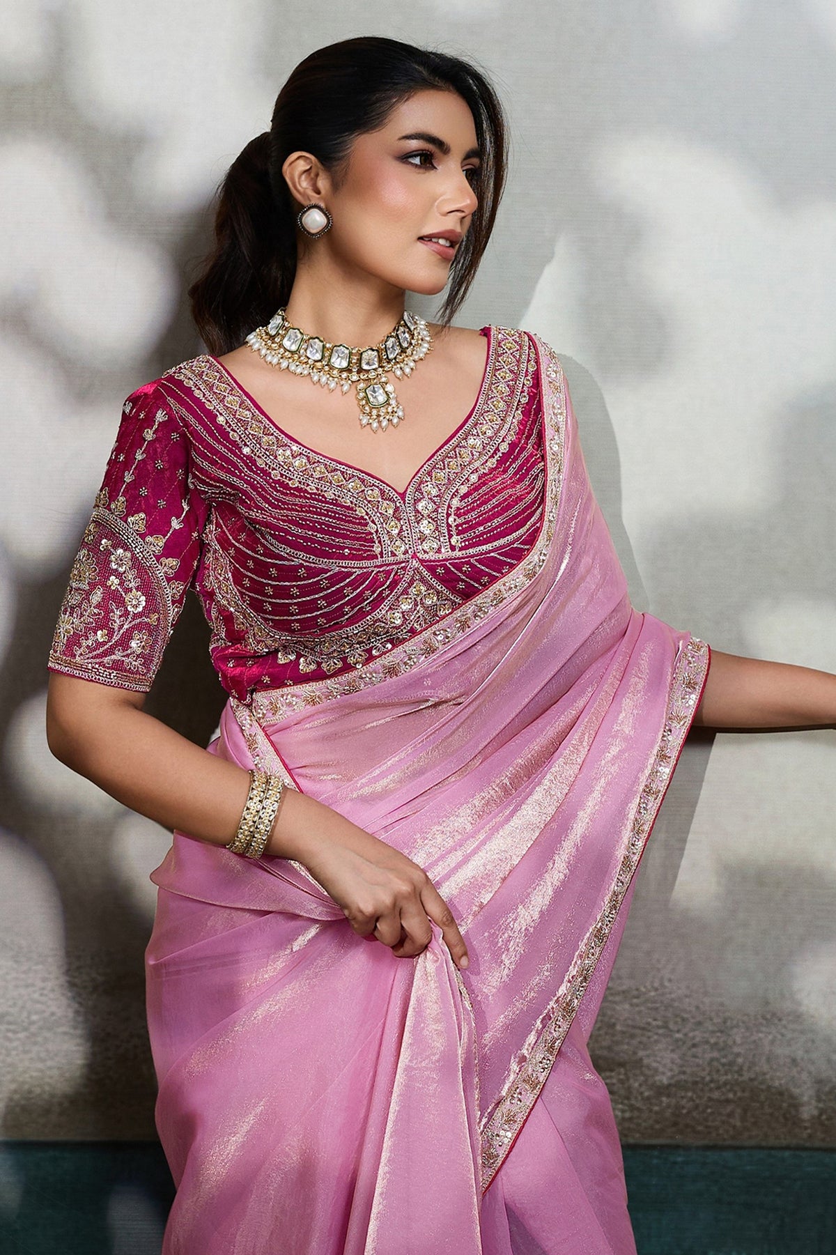 Light Pink Velvet Satin Saree With Readymade Blouse-SAR12906_5_SareeButa.com