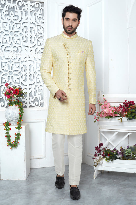 Light Yellow Embroidered Silk Kurta Pajama-SAR11425_1_SareeButa.com