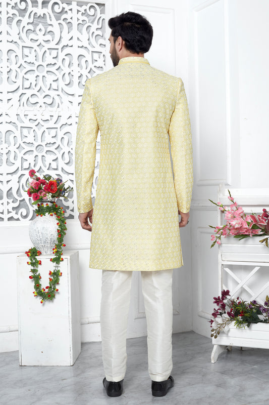 Light Yellow Embroidered Silk Kurta Pajama-SAR11425_2_SareeButa.com