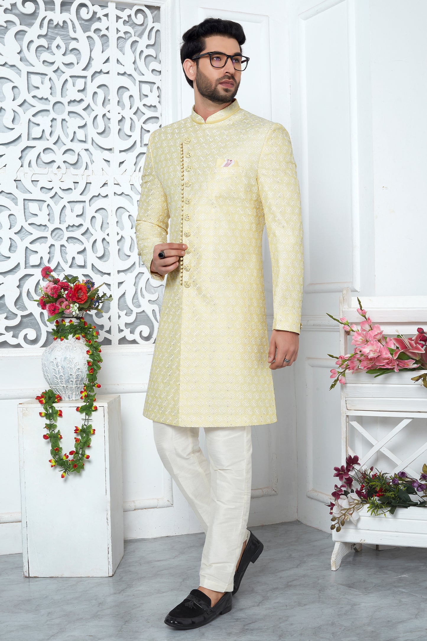 Light Yellow Embroidered Silk Kurta Pajama-SAR11425_3_SareeButa.com