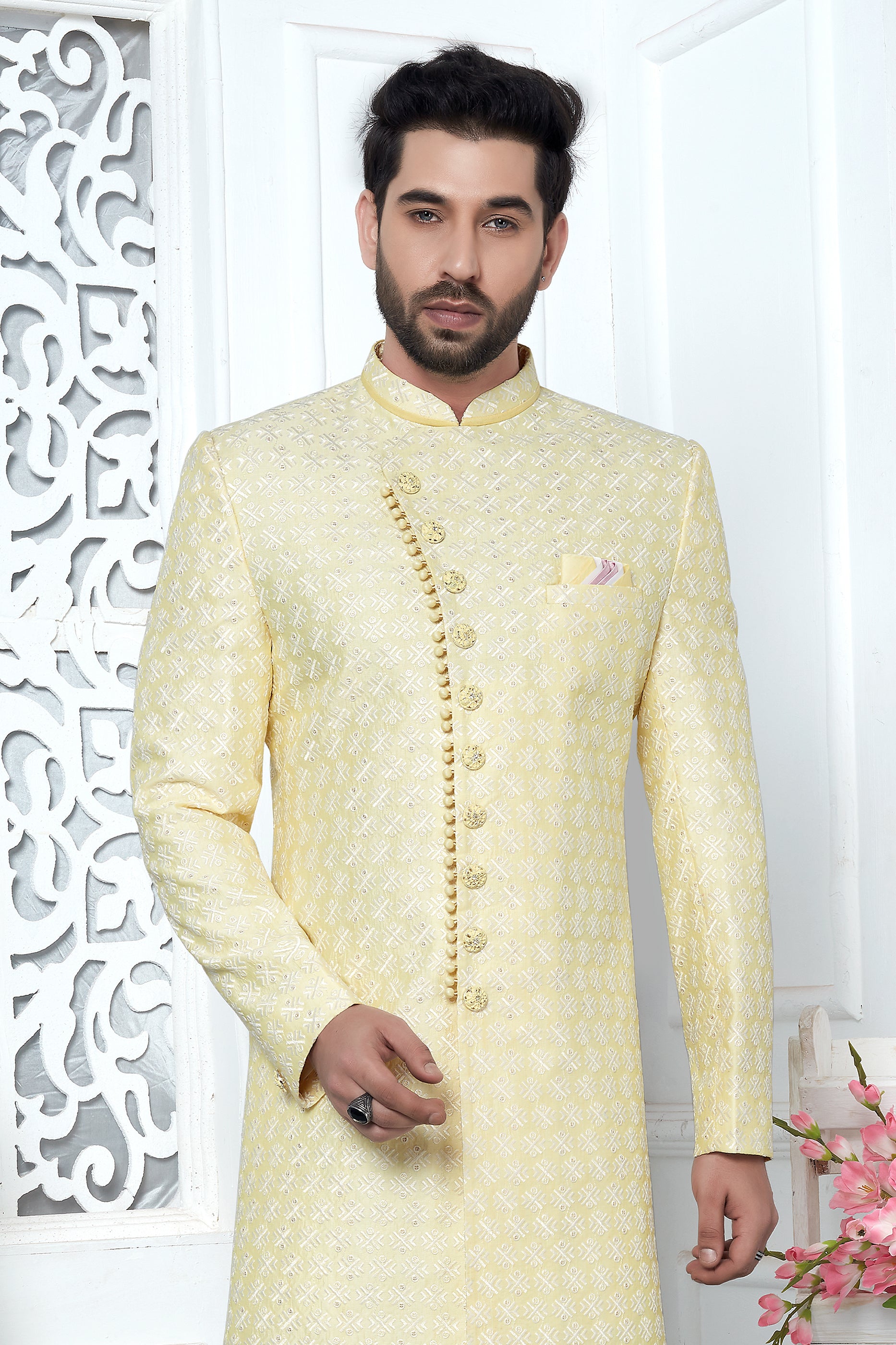 Light Yellow Embroidered Silk Kurta Pajama-SAR11425_4_SareeButa.com