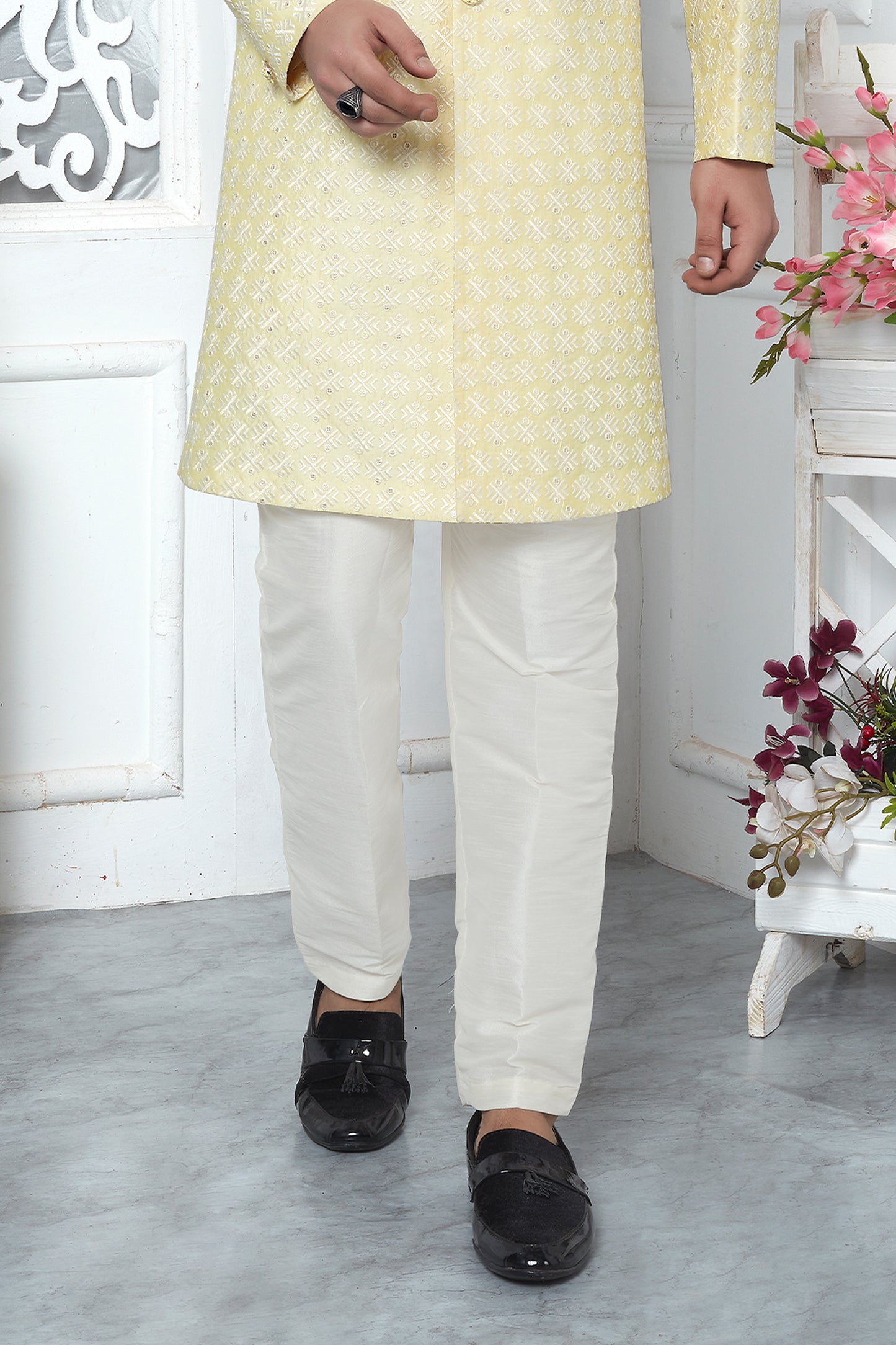 Light Yellow Embroidered Silk Kurta Pajama-SAR11425_5_SareeButa.com
