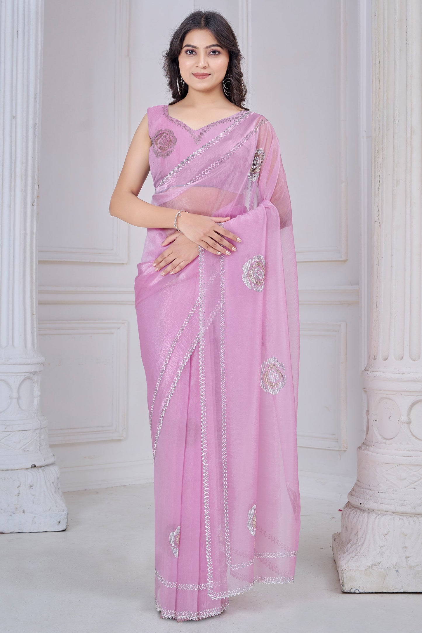 Lilac Pink Stone Work Organza Saree-SAR10766_1_SareeButa.com