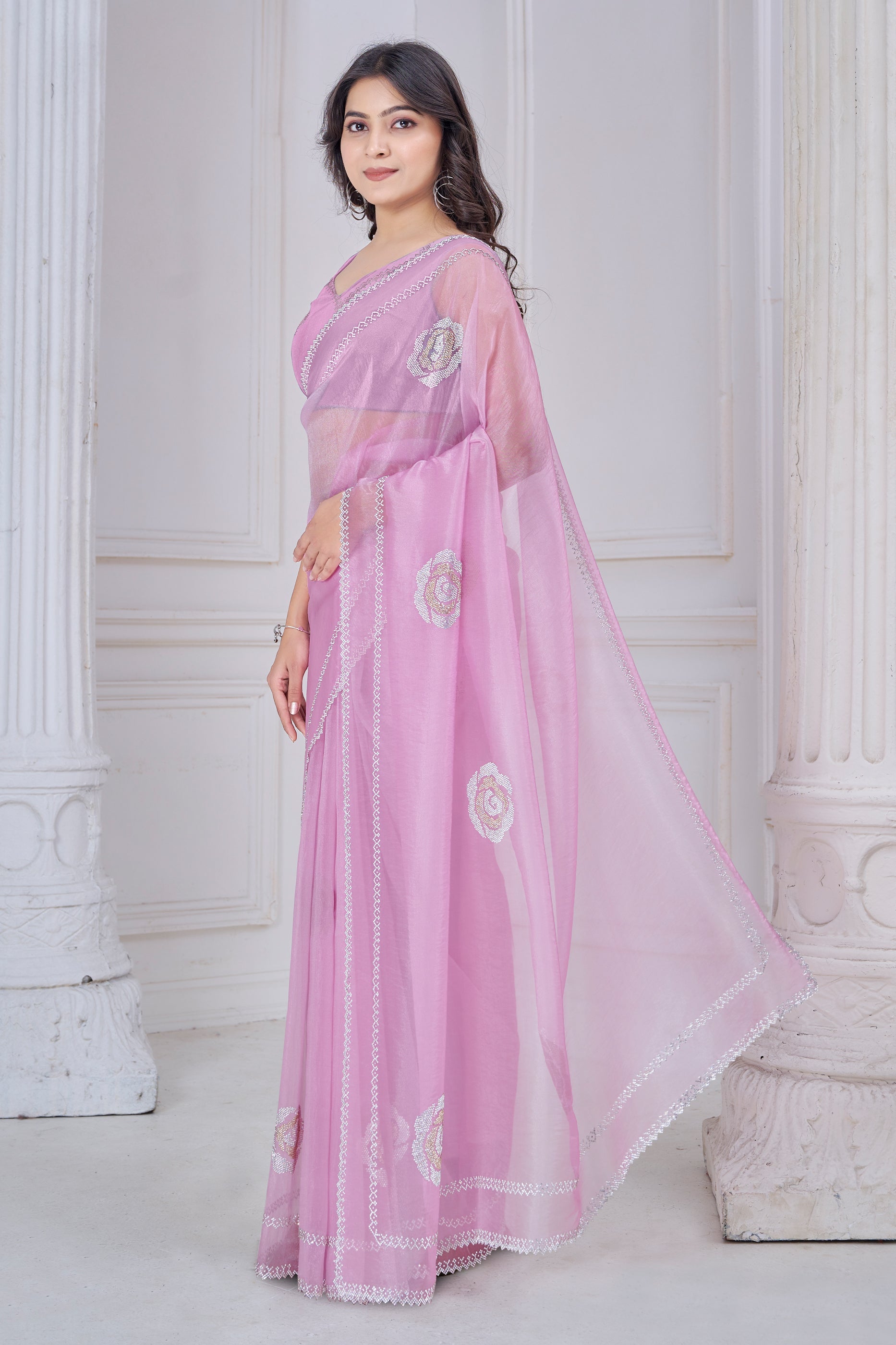 Lilac Pink Stone Work Organza Saree-SAR10766_3_SareeButa.com