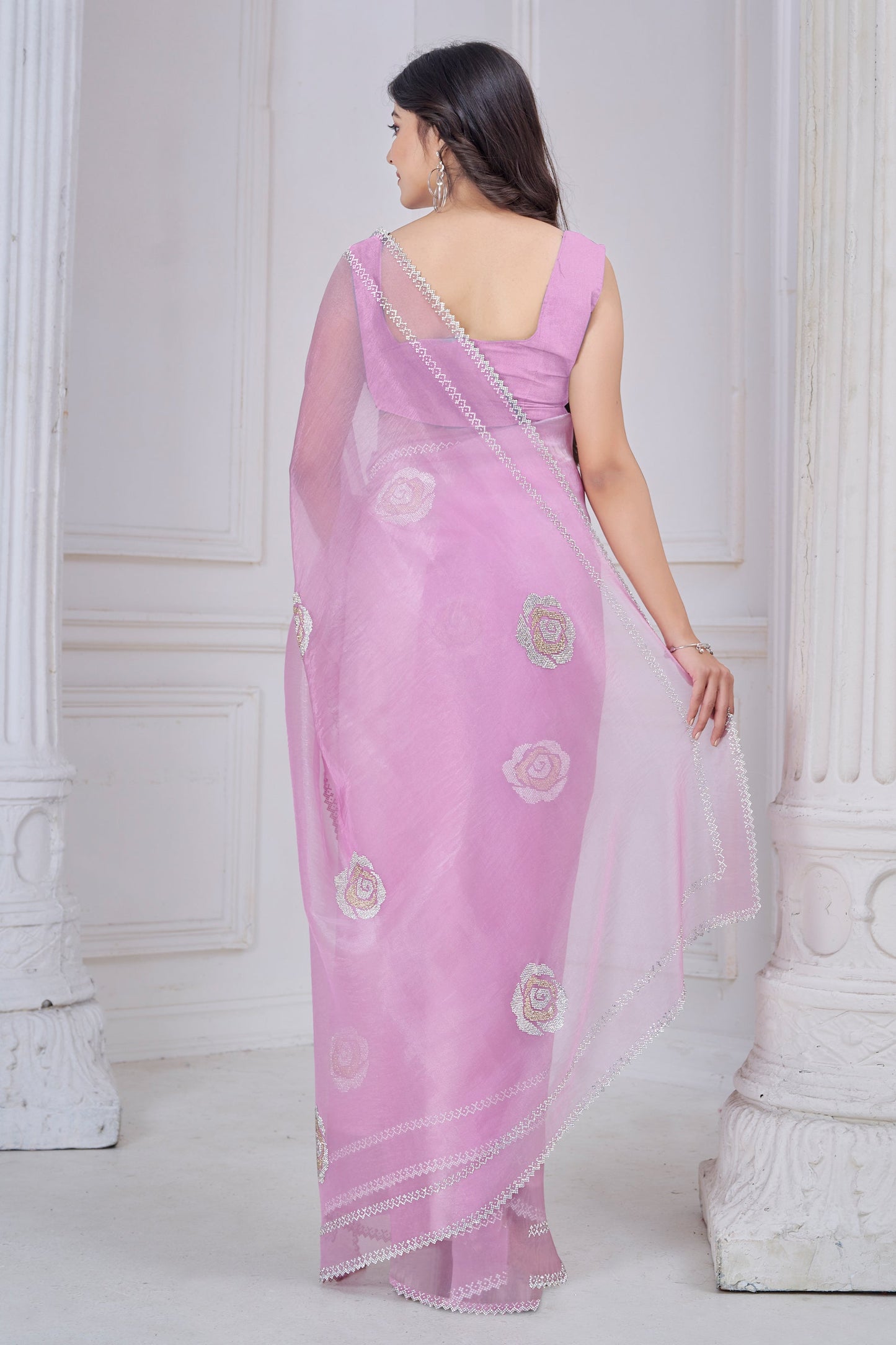 Lilac Pink Stone Work Organza Saree-SAR10766_4_SareeButa.com