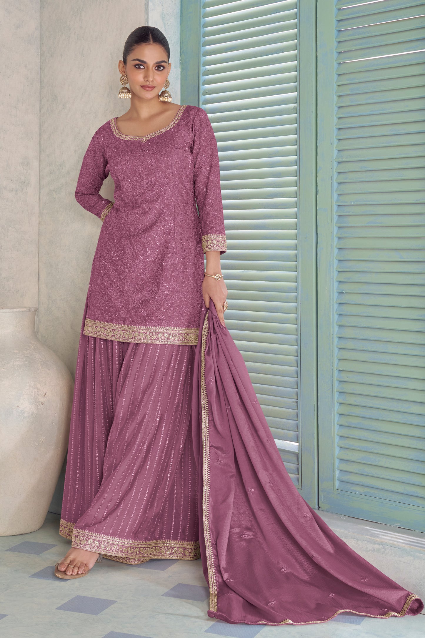 Lilac Readymade Embroidered Chinon Suit-SAR12241_1_SareeButa.com