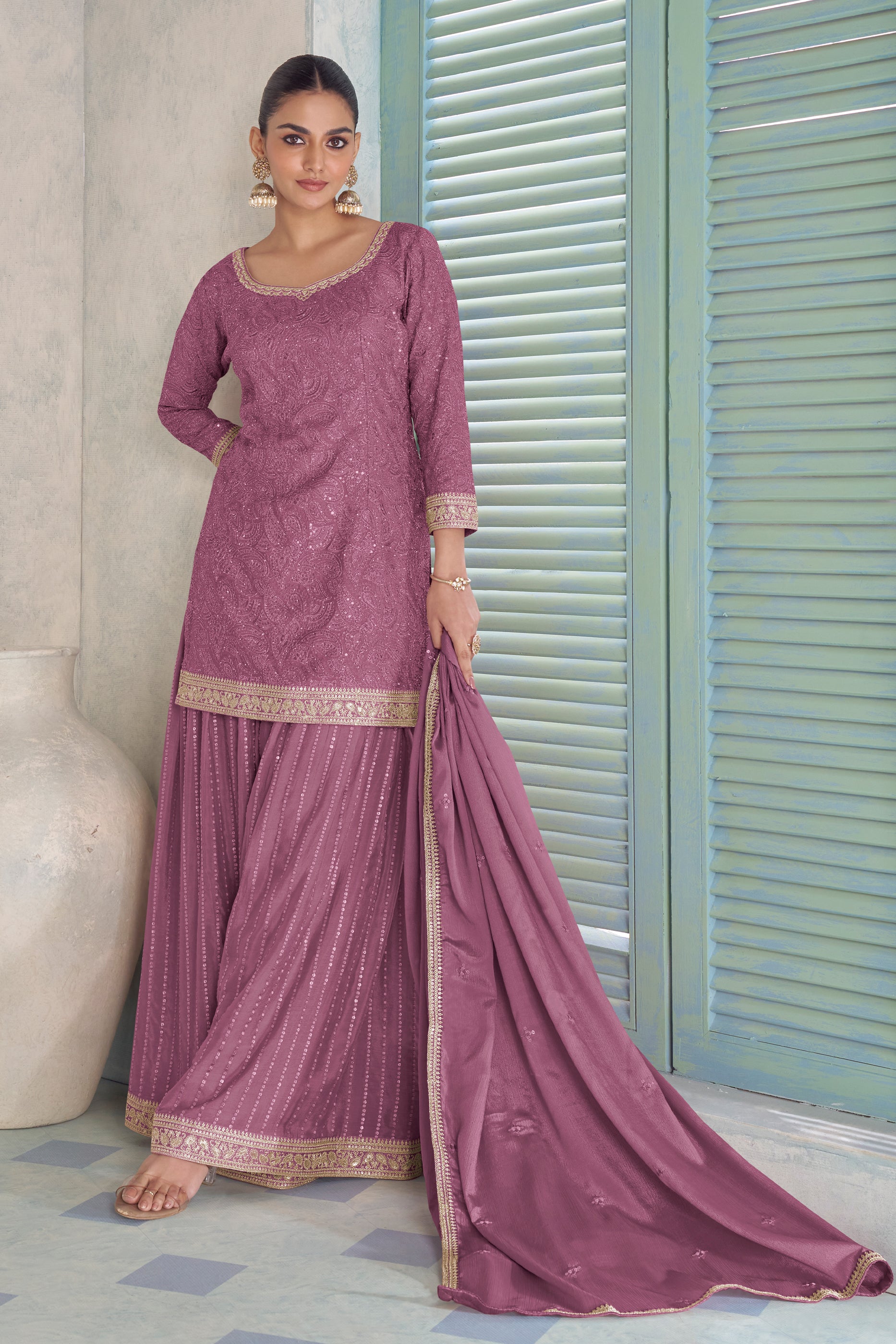 Lilac Readymade Embroidered Chinon Suit-SAR12241_1_SareeButa.com