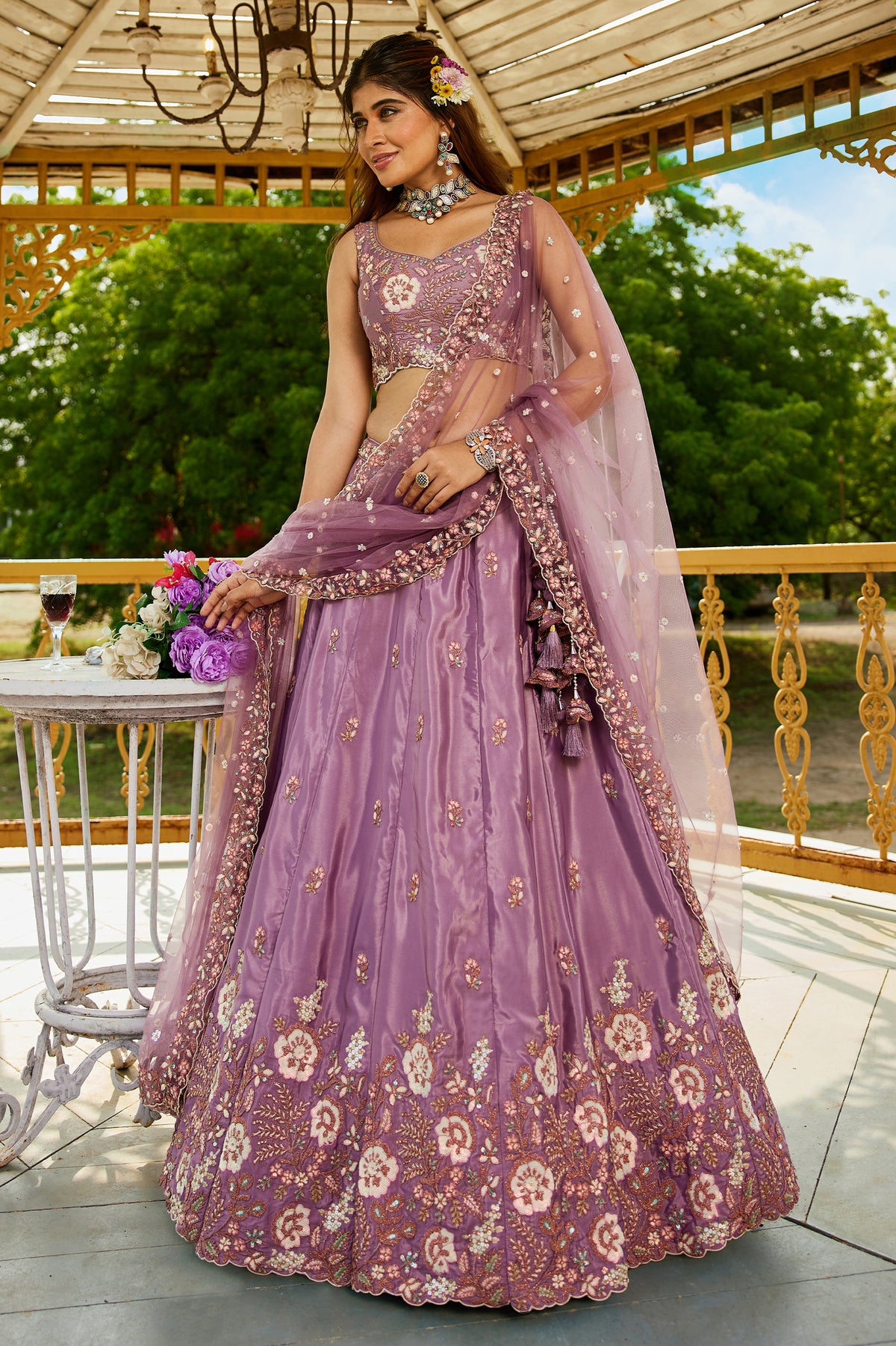 Lilac Semi Stitched Embroidered Satin Lehenga-SAR12856_1_SareeButa.com
