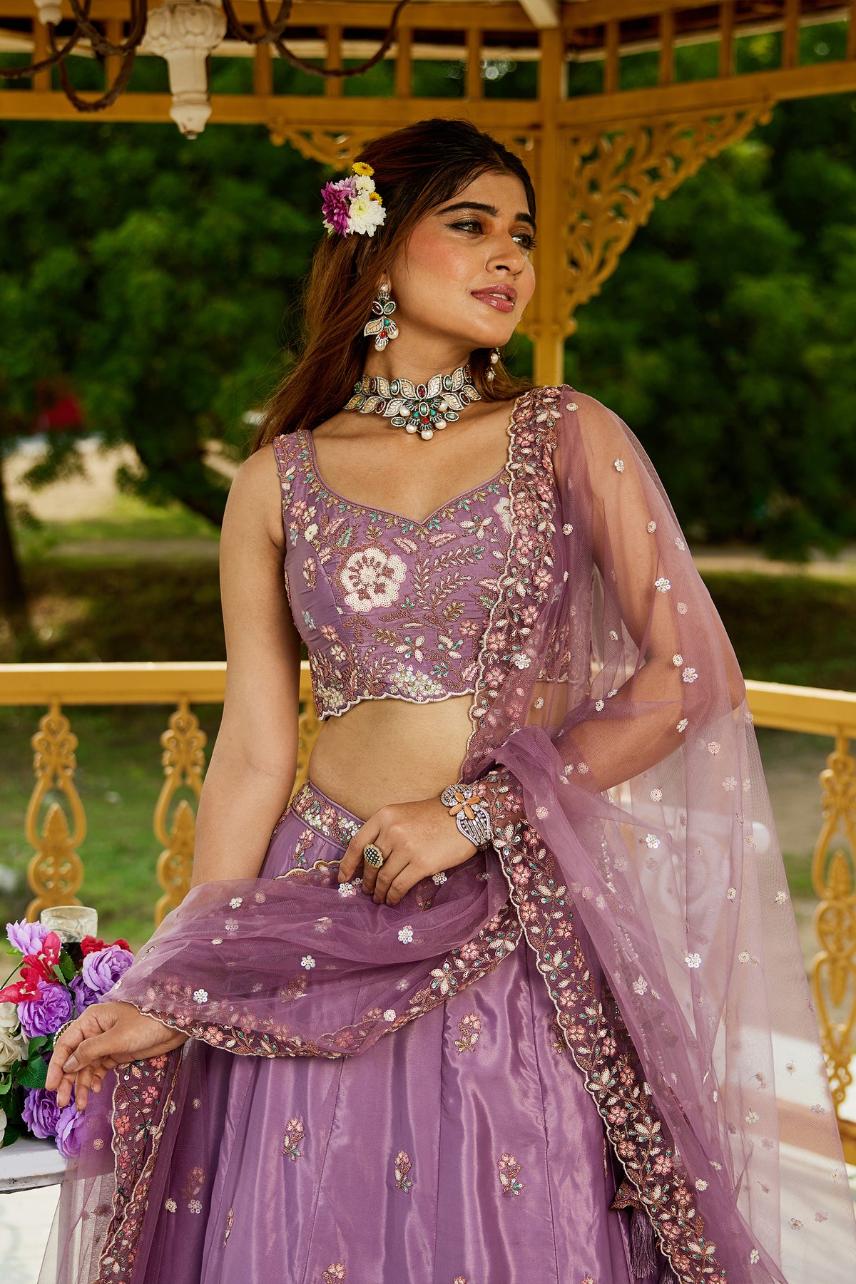 Lilac Semi Stitched Embroidered Satin Lehenga-SAR12856_2_SareeButa.com