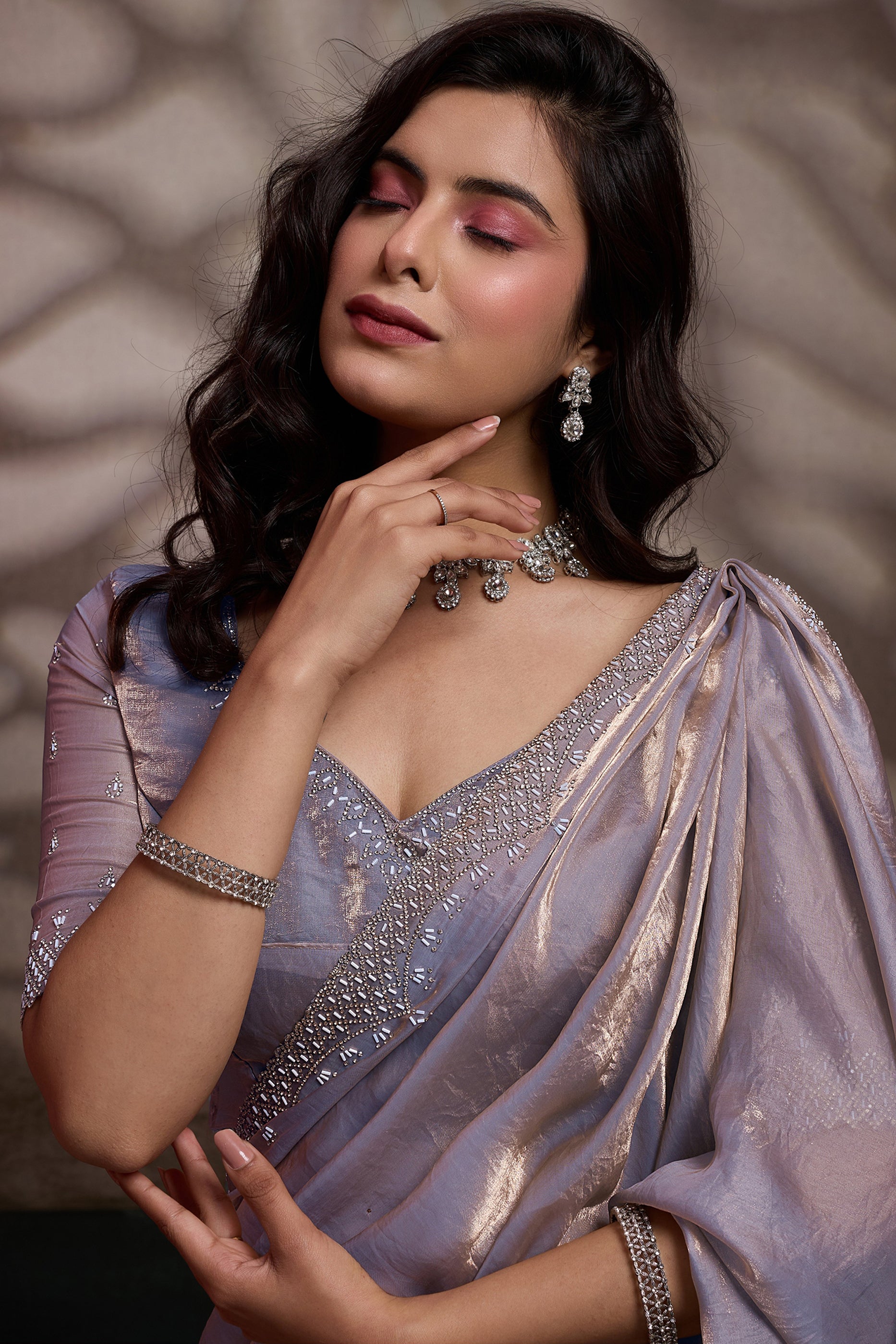 Lilac Stone Work Metallic Satin Saree-SAR12536_2_SareeButa.com