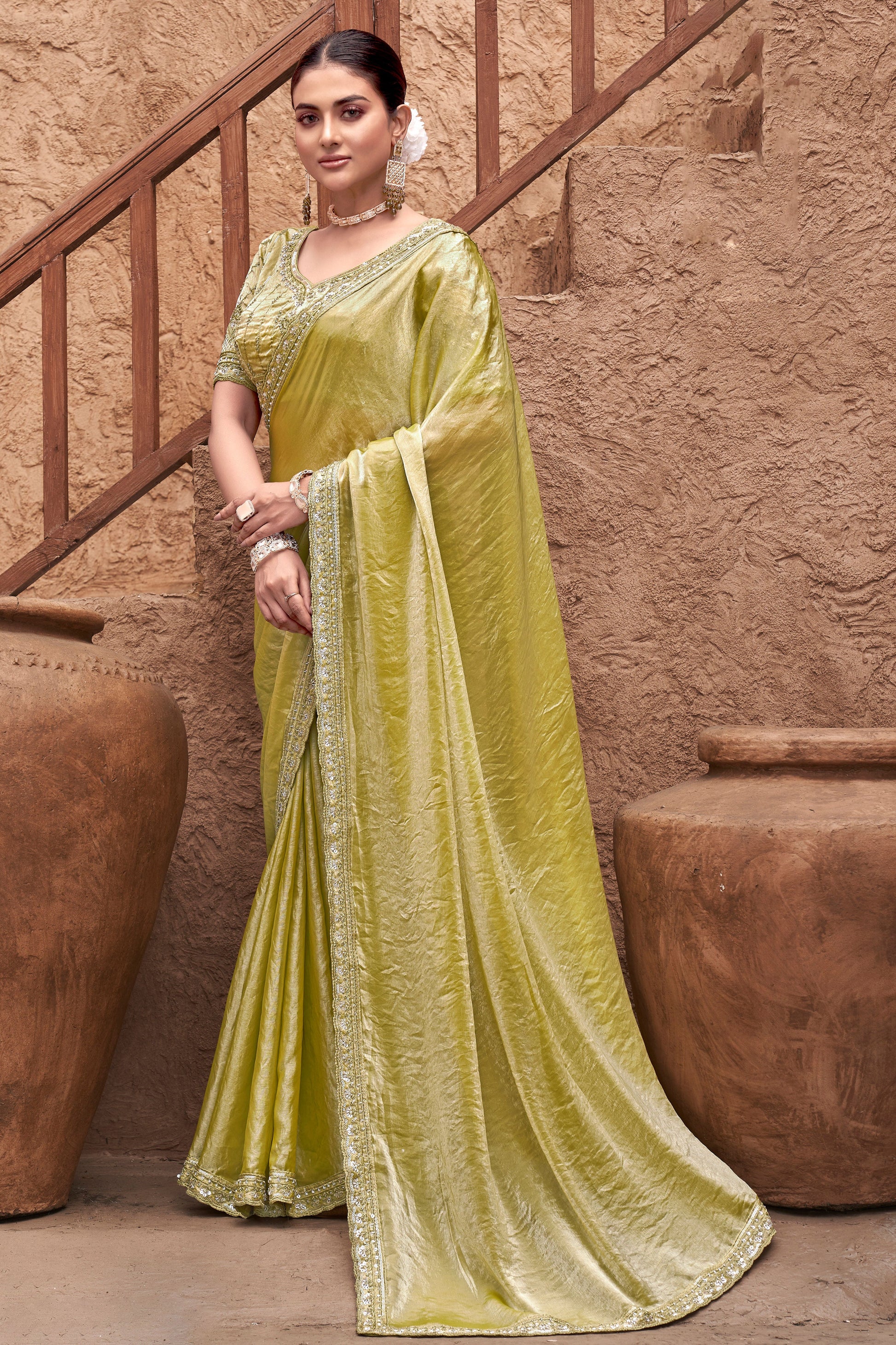 Lime Gradient Satin Silk Saree with Readymade Blouse-ZB133942_1_SareeButa.com