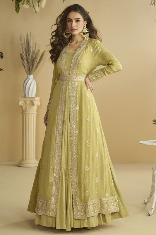 Lime Readymade Chinon Silk Gown with Jacket-SS890_1_SareeButa.com