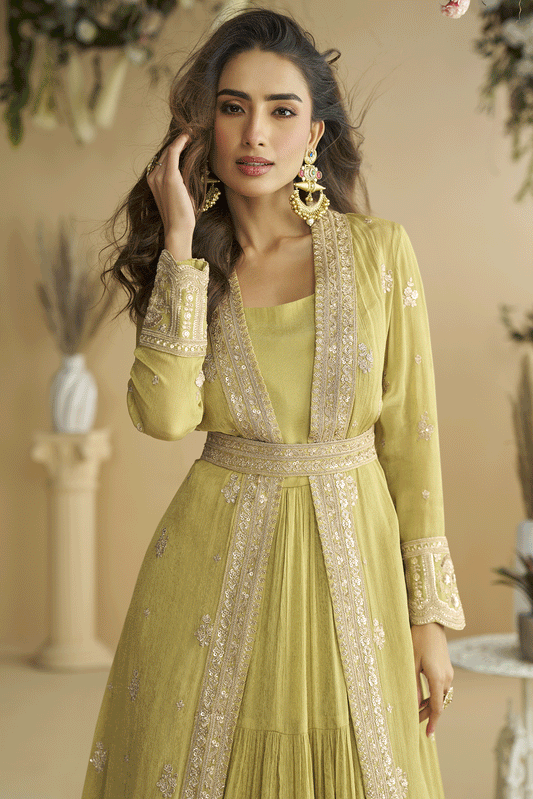 Lime Readymade Chinon Silk Gown with Jacket-SS890_2_SareeButa.com
