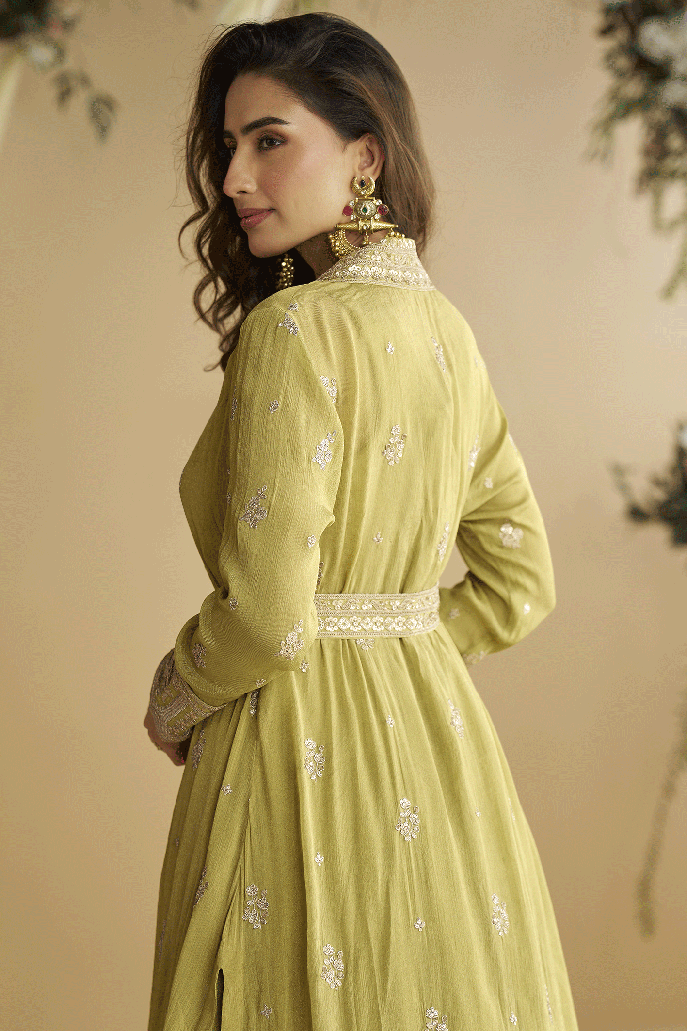 Lime Readymade Chinon Silk Gown with Jacket-SS890_3_SareeButa.com