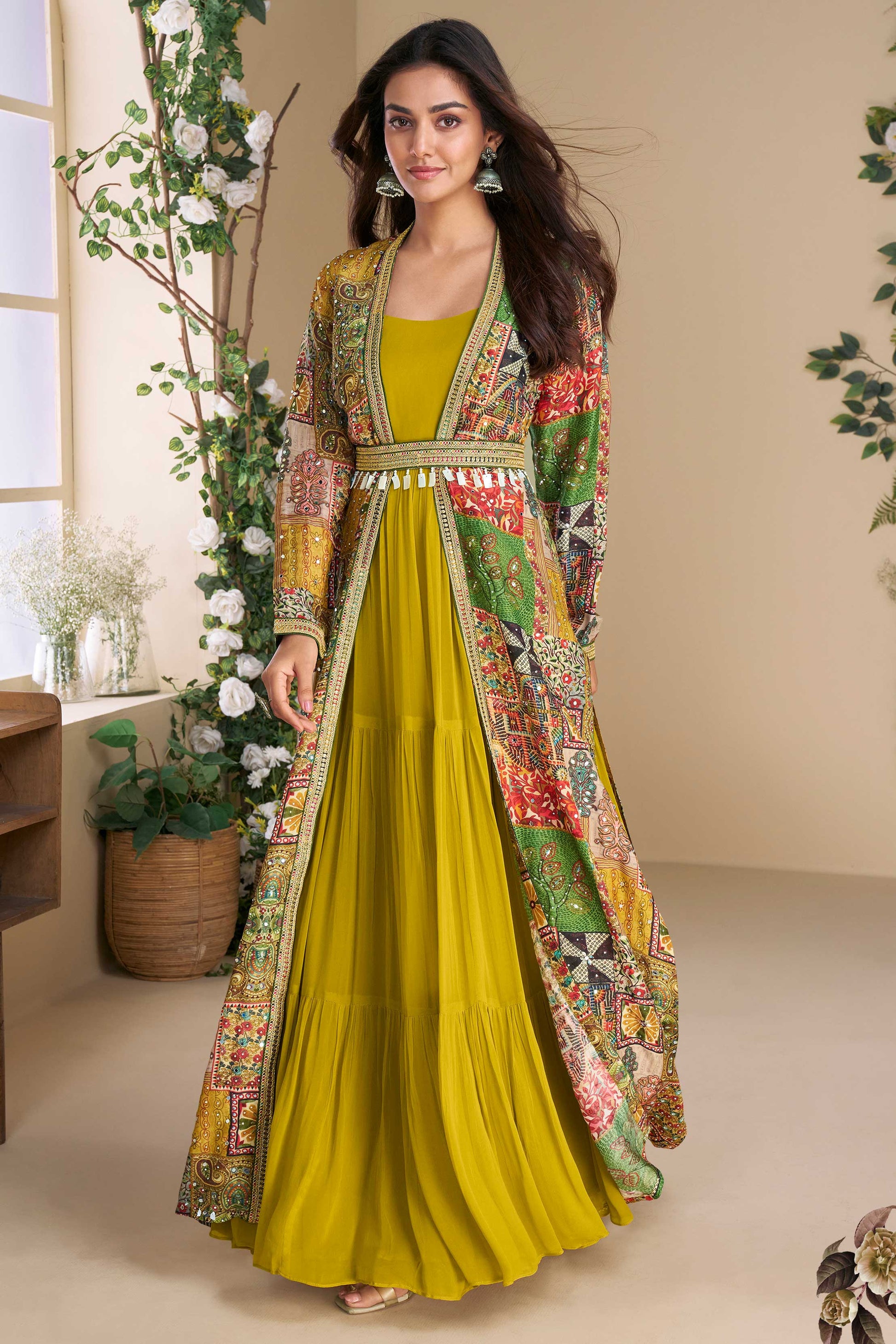 Shop for Lime Green Readymade Georgette Silk Gown with Jacket Online | Saree Buta | SS671 Shop for Lime Green Readymade Georgette Silk Gown with Jacket Online | Saree Buta | SS671