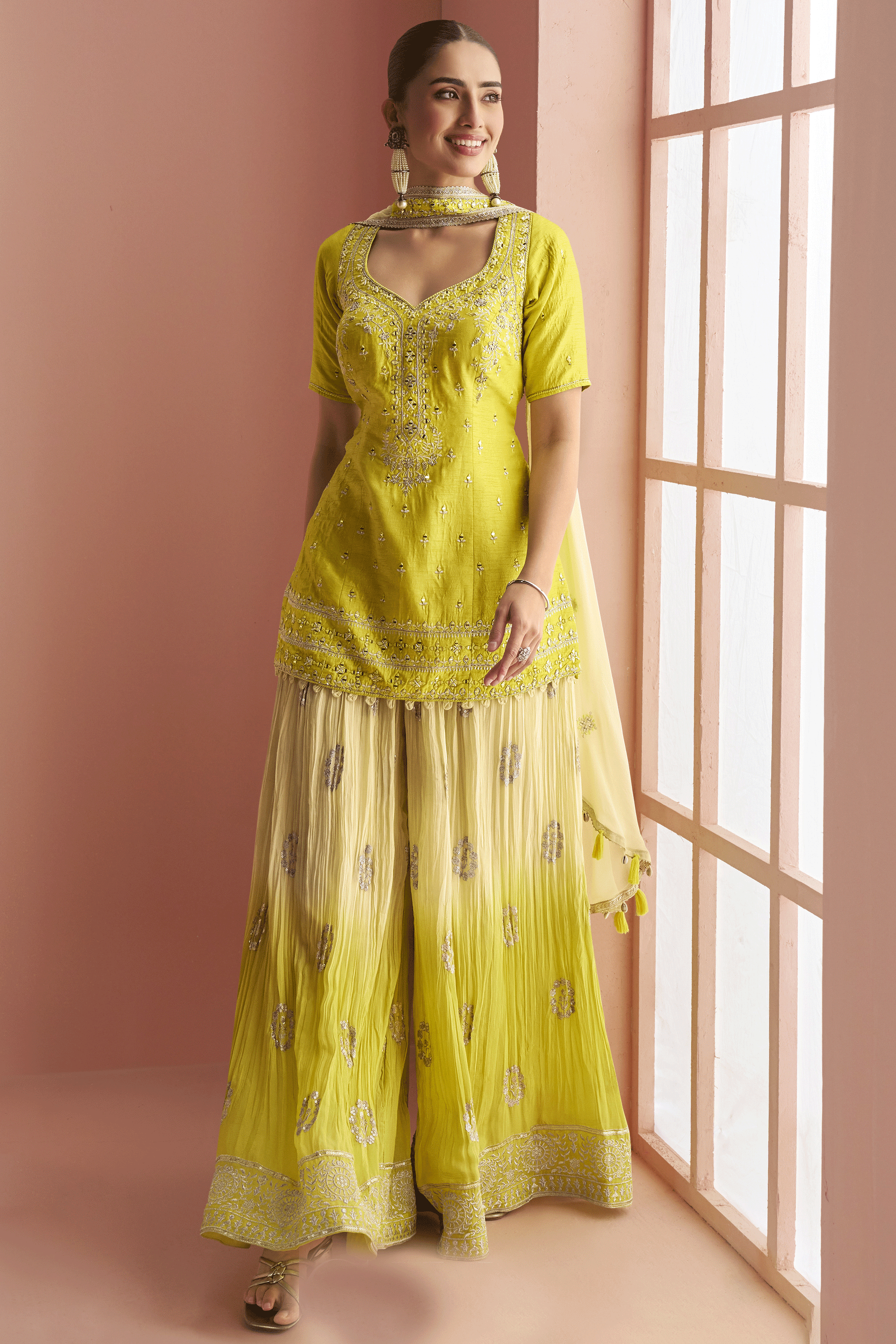 Lime Readymade Embroidered Silk Palazzo Suit-SS887_1_SareeButa.com