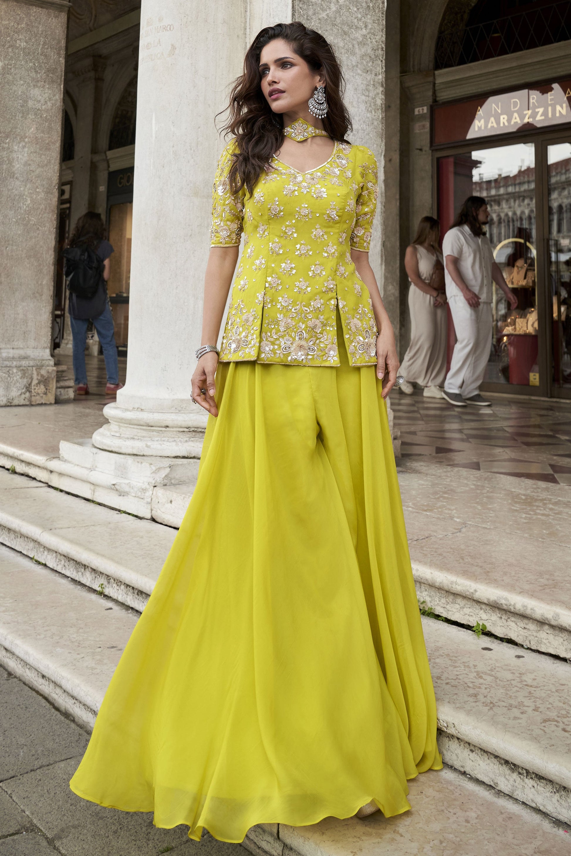 Lime Green Readymade Organza Silk Palazzo Set-SS876_1_SareeButa.com