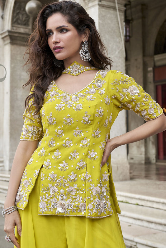 Lime Green Readymade Organza Silk Palazzo Set-SS876_2_SareeButa.com