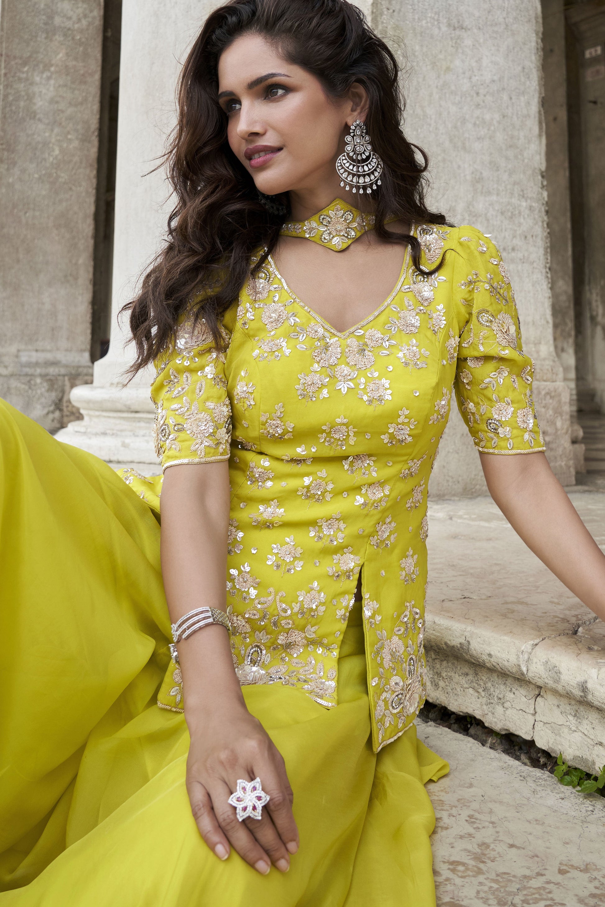 Lime Green Readymade Organza Silk Palazzo Set-SS876_3_SareeButa.com