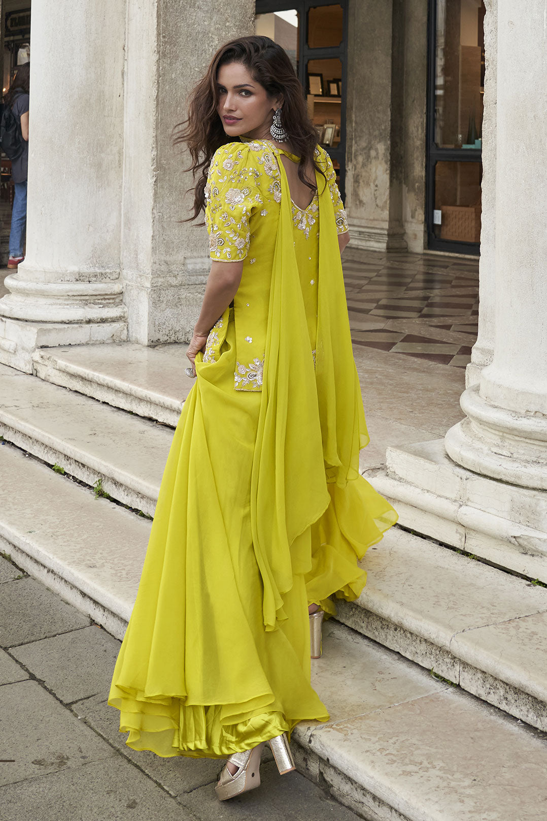 Lime Green Readymade Organza Silk Palazzo Set-SS876_4_SareeButa.com