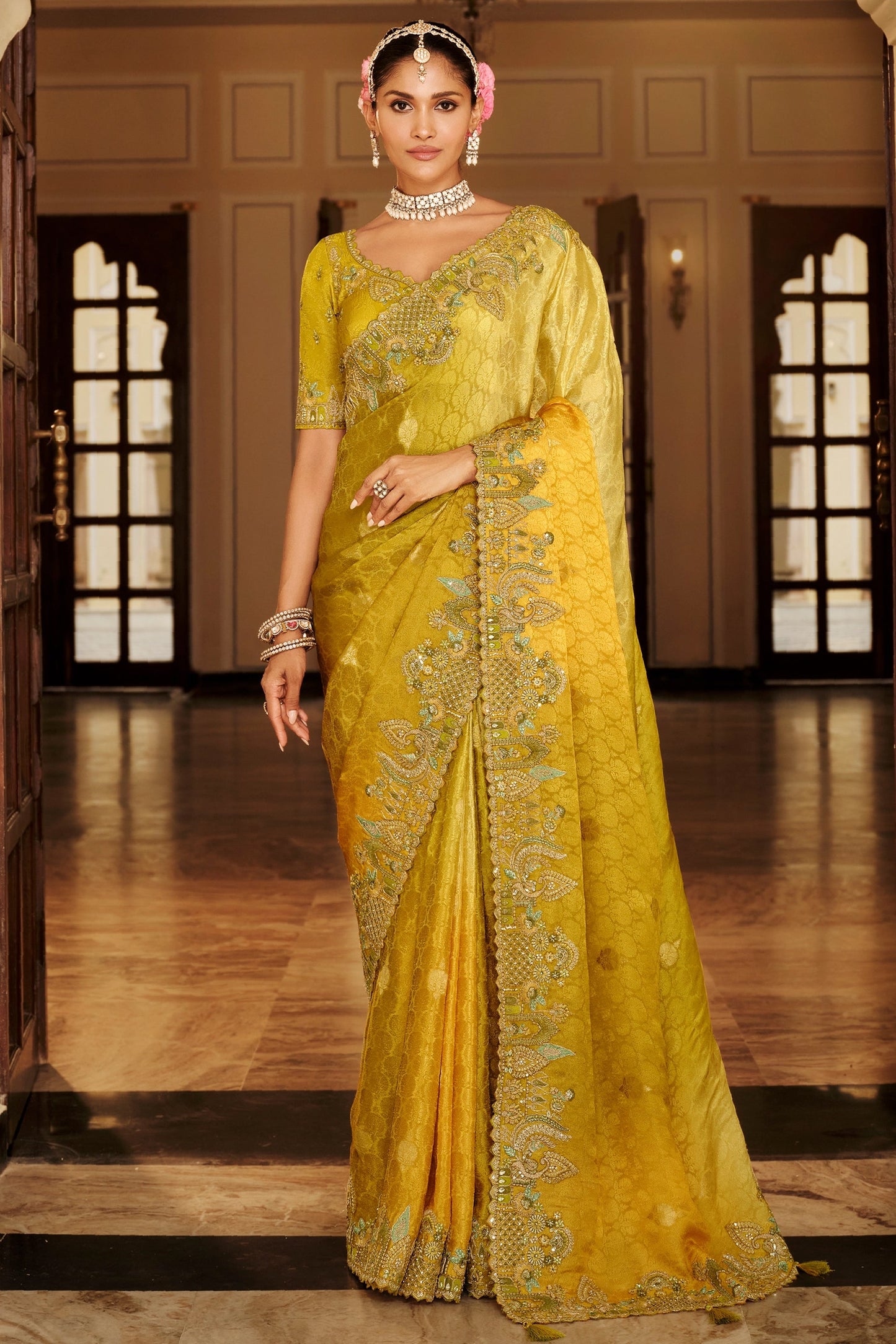 Lime Embroidered Jacquard Viscose Silk Saree-SAR10364_1_SareeButa.com