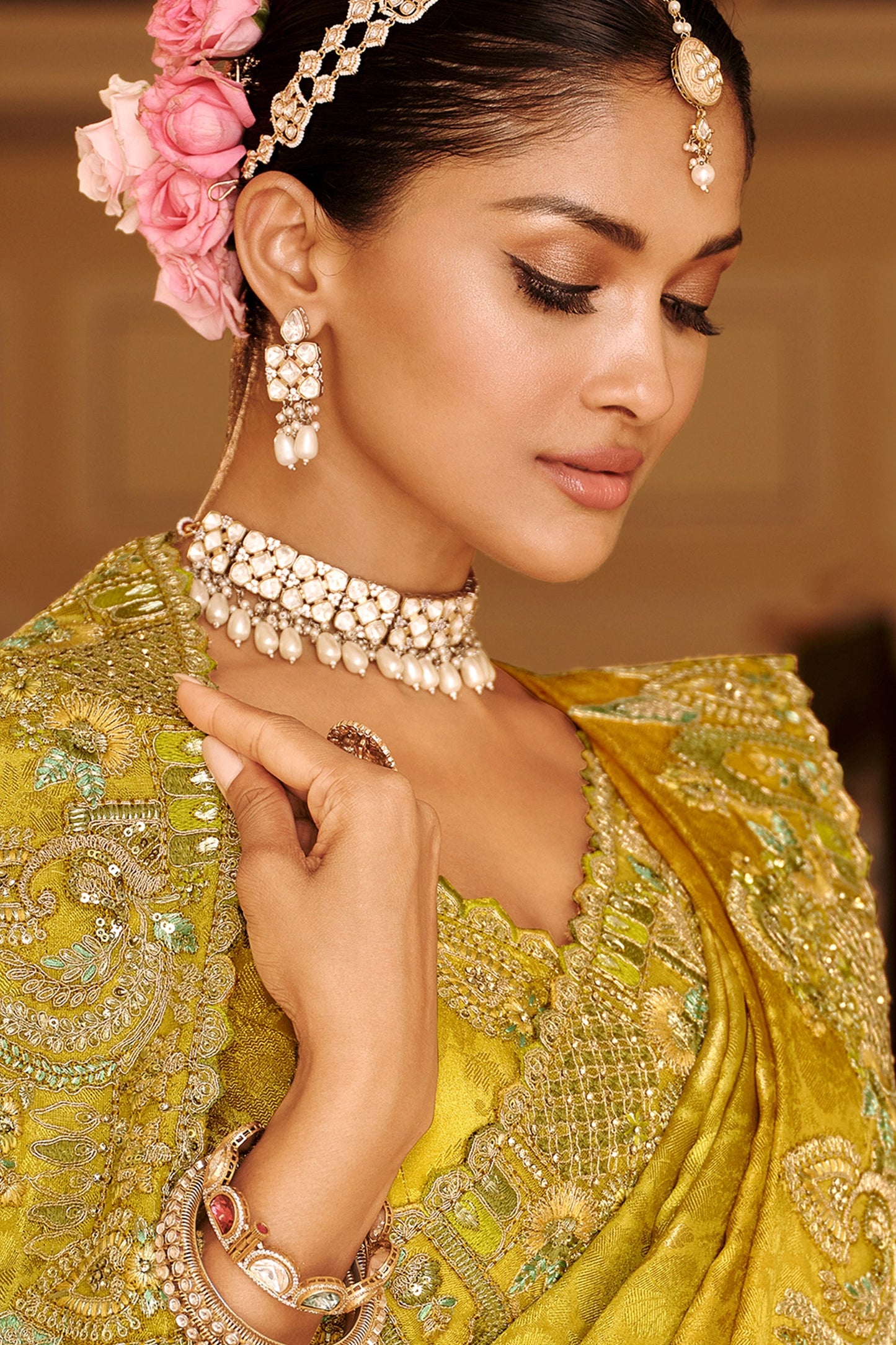 Lime Embroidered Jacquard Viscose Silk Saree-SAR10364_2_SareeButa.com