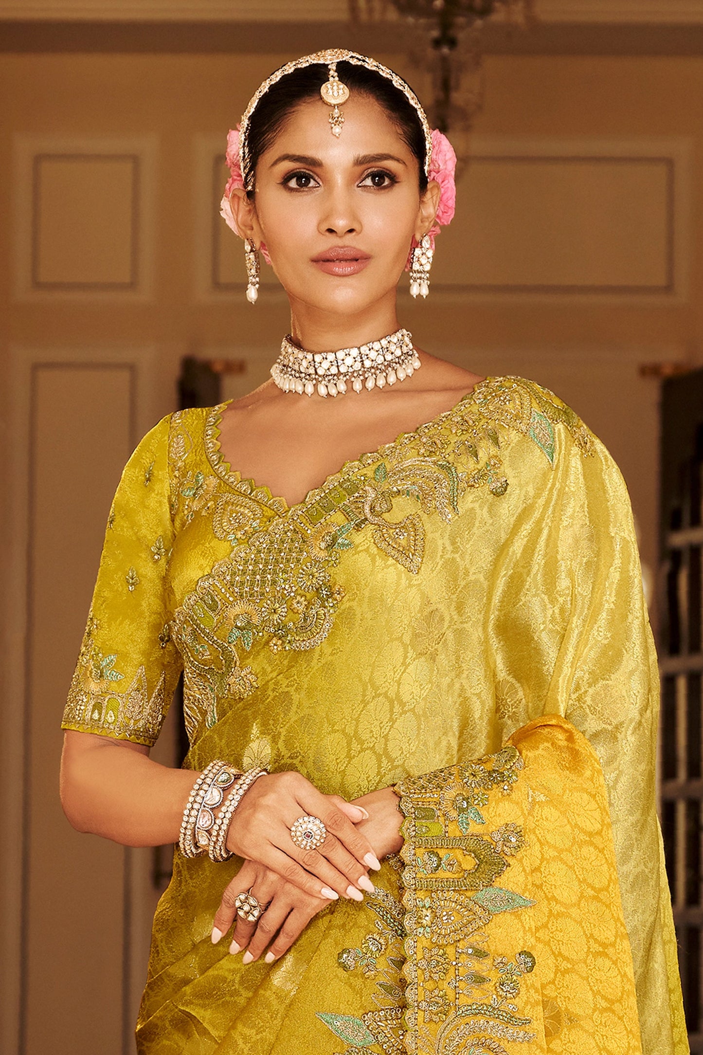 Lime Embroidered Jacquard Viscose Silk Saree-SAR10364_3_SareeButa.com