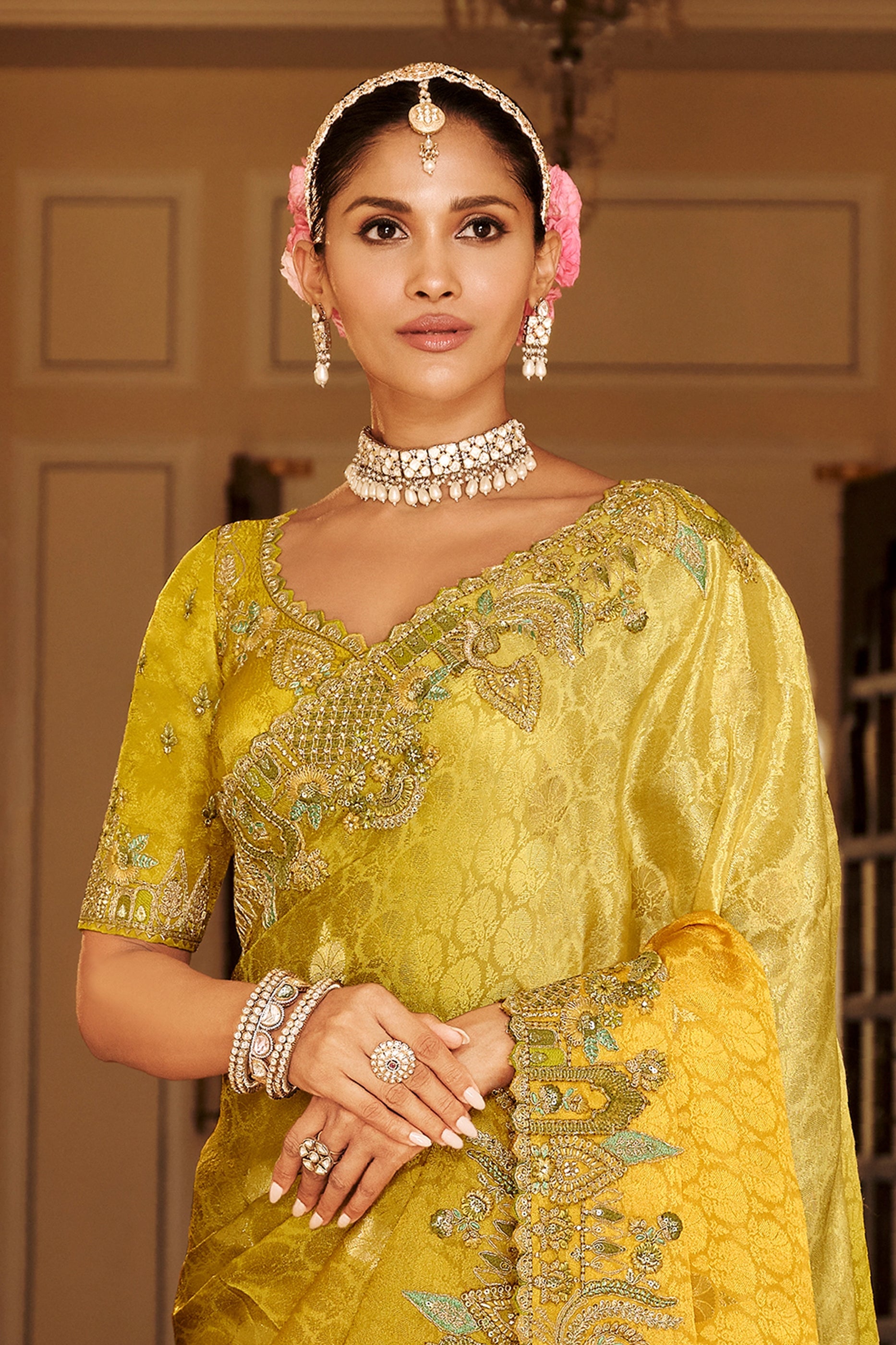 Lime Embroidered Jacquard Viscose Silk Saree-SAR10364_3_SareeButa.com