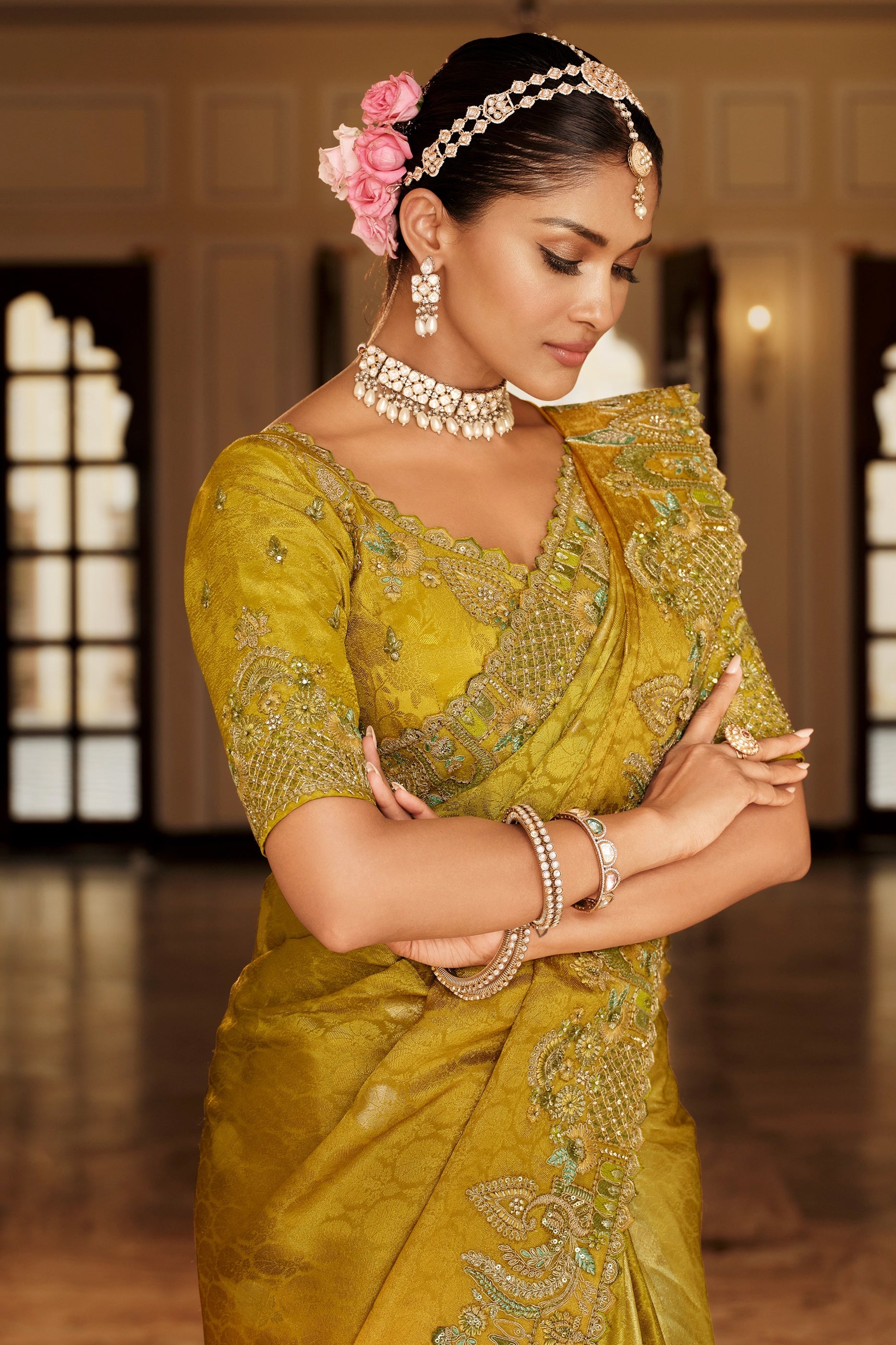 Lime Embroidered Jacquard Viscose Silk Saree-SAR10364_4_SareeButa.com