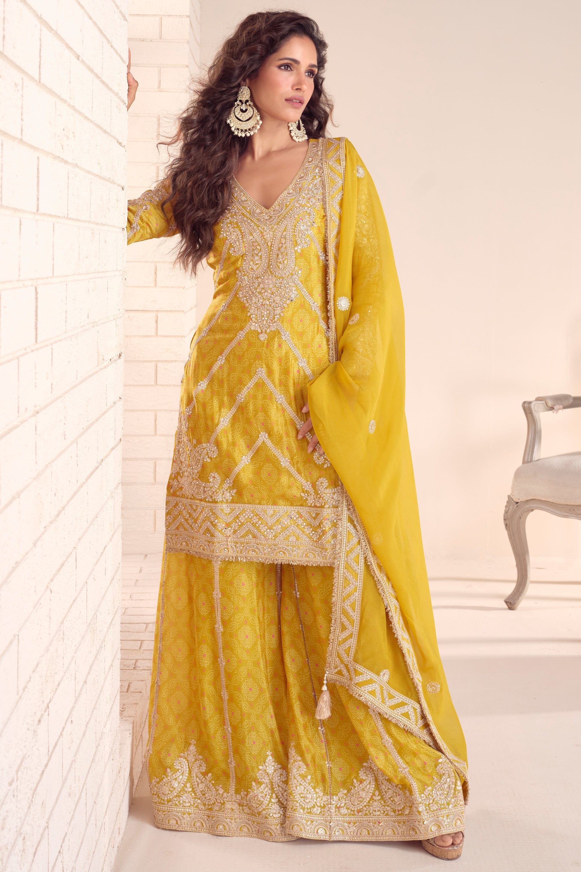 Lime Green Digital Print Chinon Suit with Embroidery-SS663_1_SareeButa.com