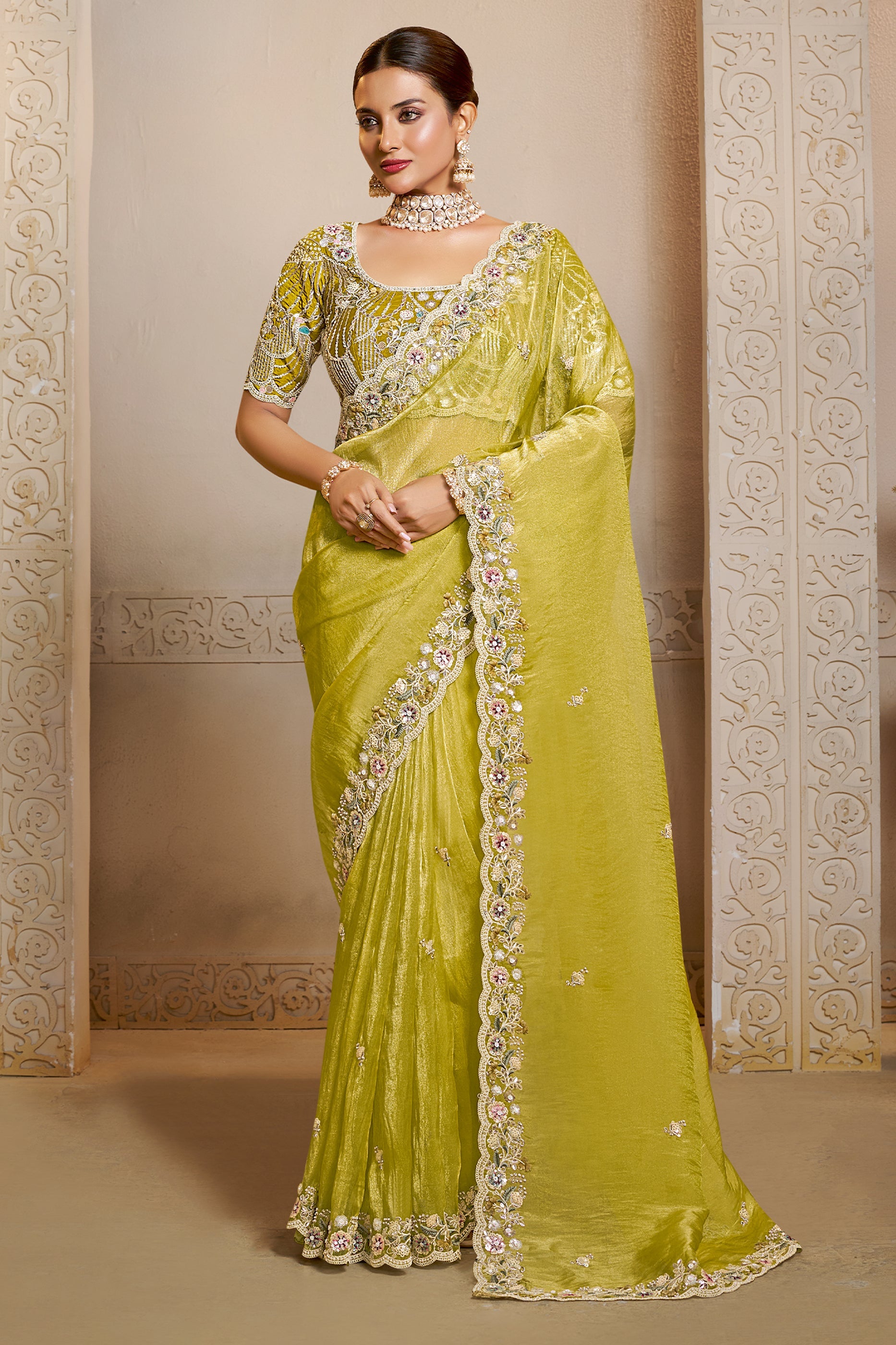 Lime Green Embroidered Organza Satin Saree-SAR10876_1_SareeButa.com