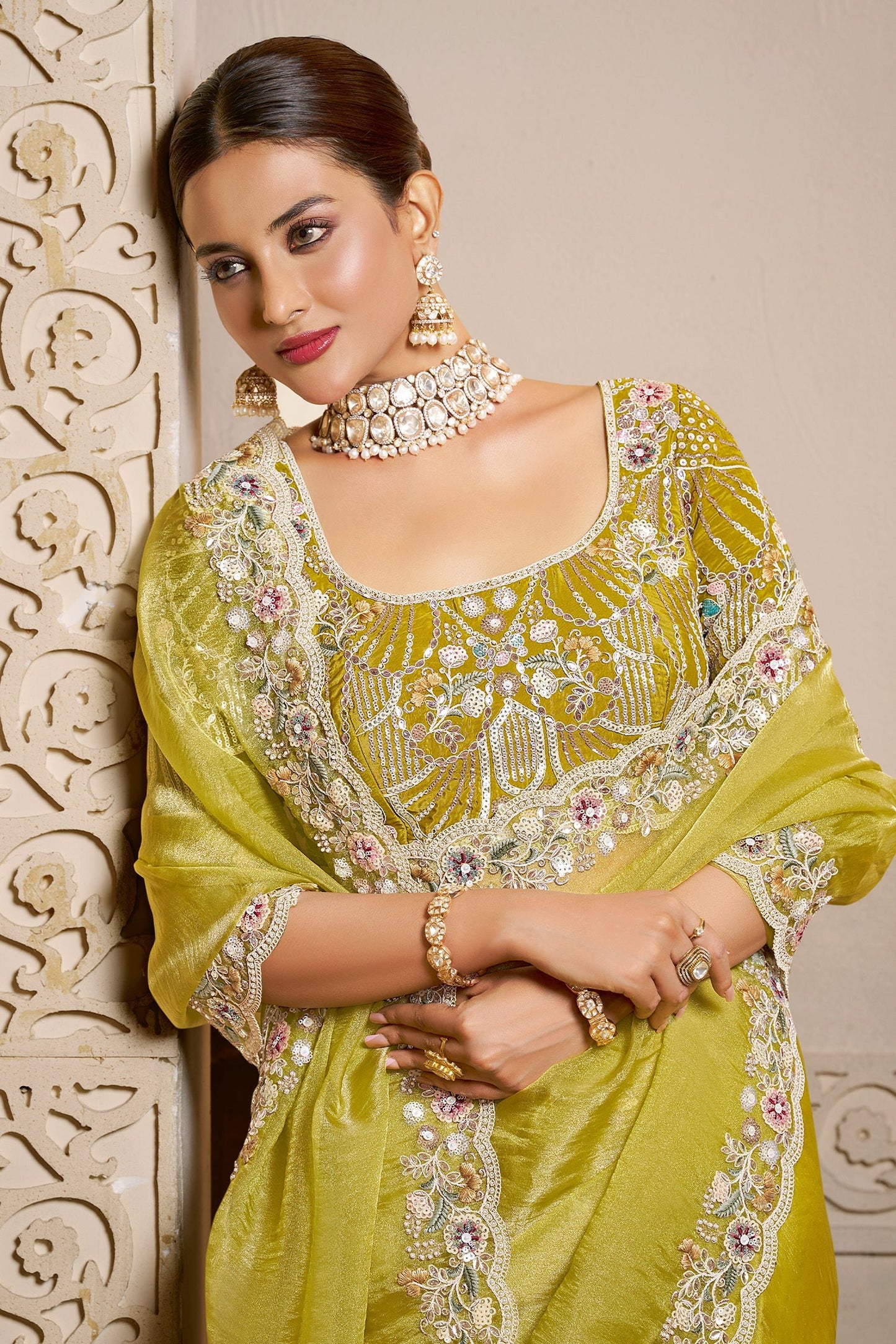 Lime Green Embroidered Organza Satin Saree-SAR10876_2_SareeButa.com