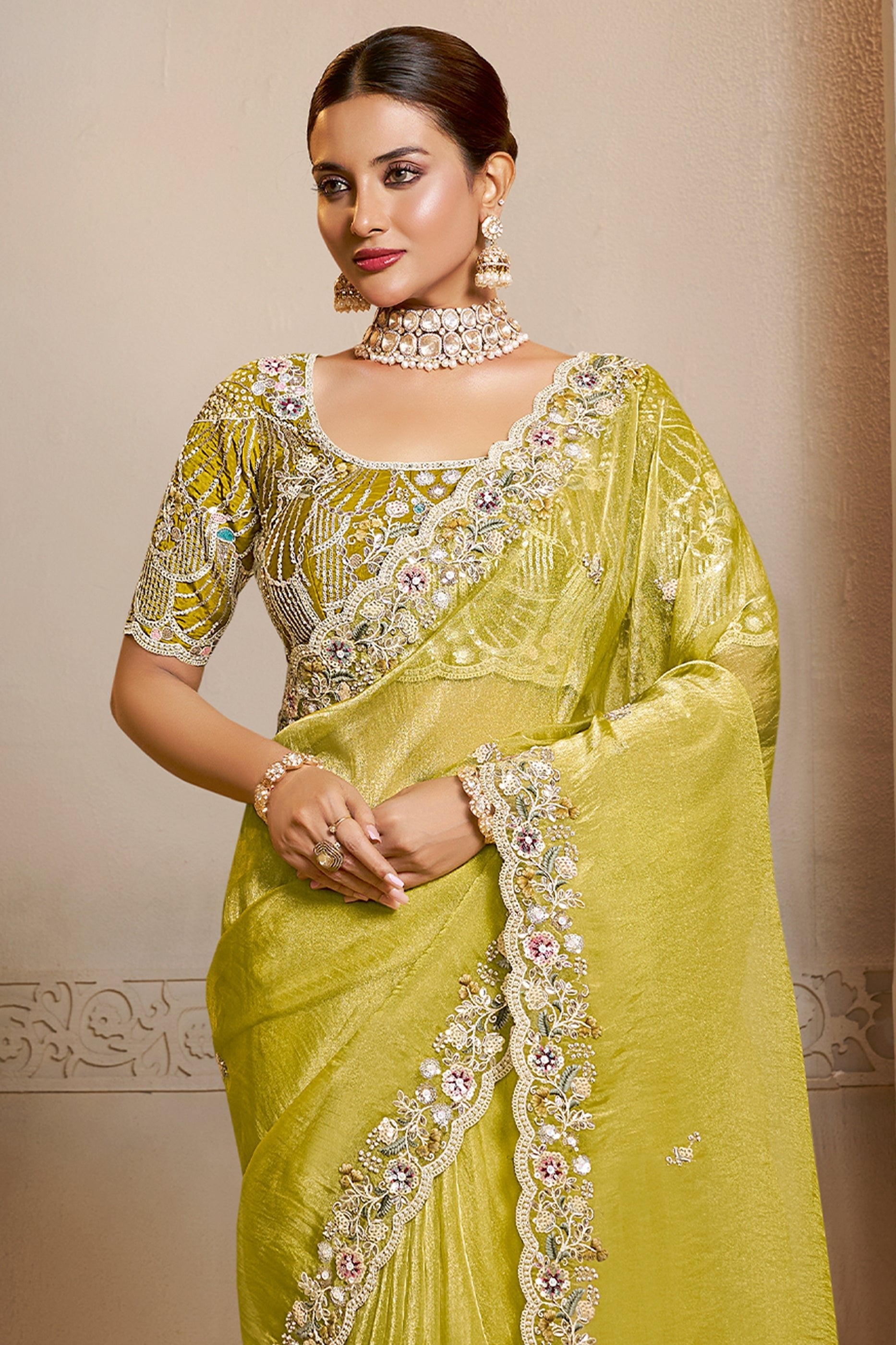 Lime Green Embroidered Organza Satin Saree-SAR10876_3_SareeButa.com