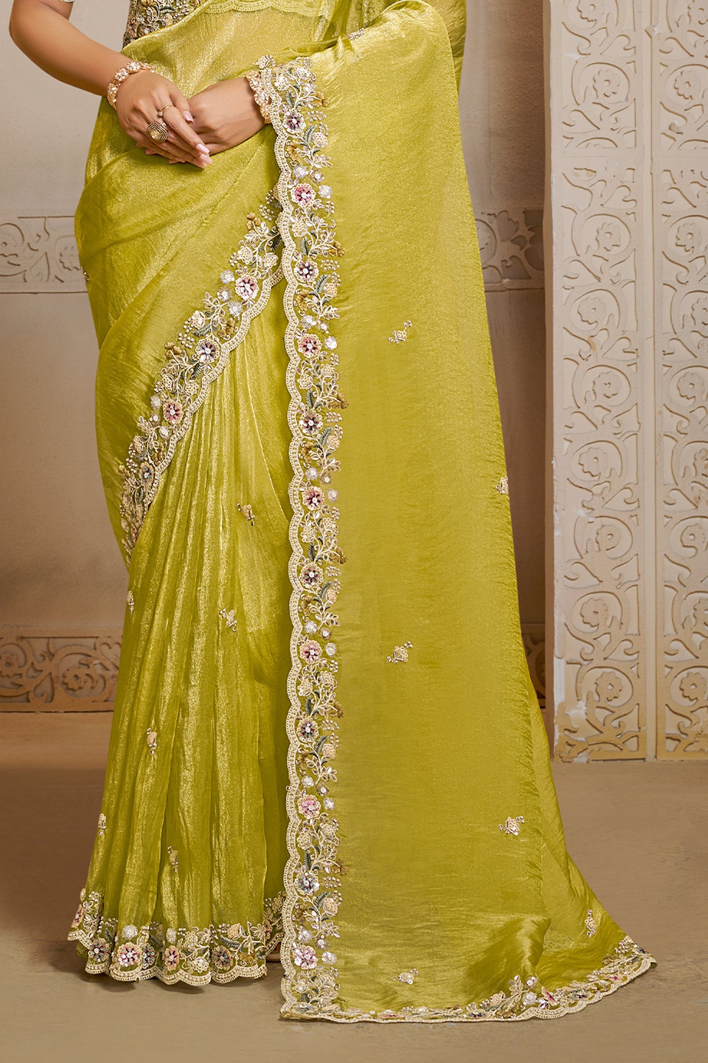 Lime Green Embroidered Organza Satin Saree-SAR10876_4_SareeButa.com
