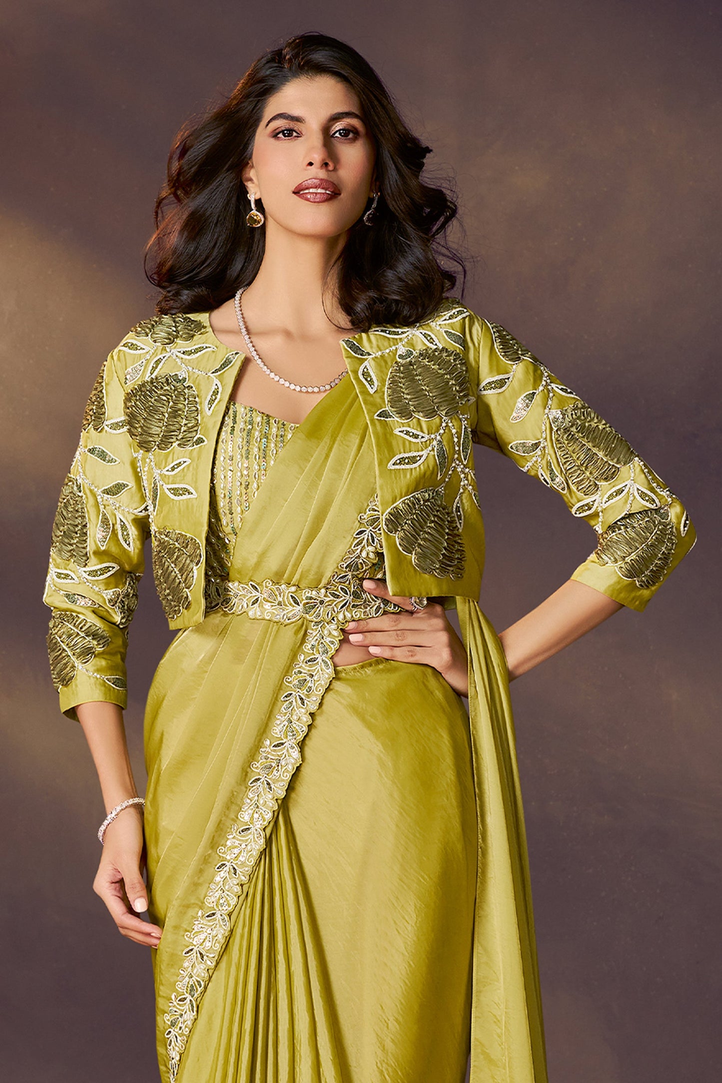 Lime Green Embroidered Satin Readymade Saree with Stitched Blouse-SAR10858_4_SareeButa.com