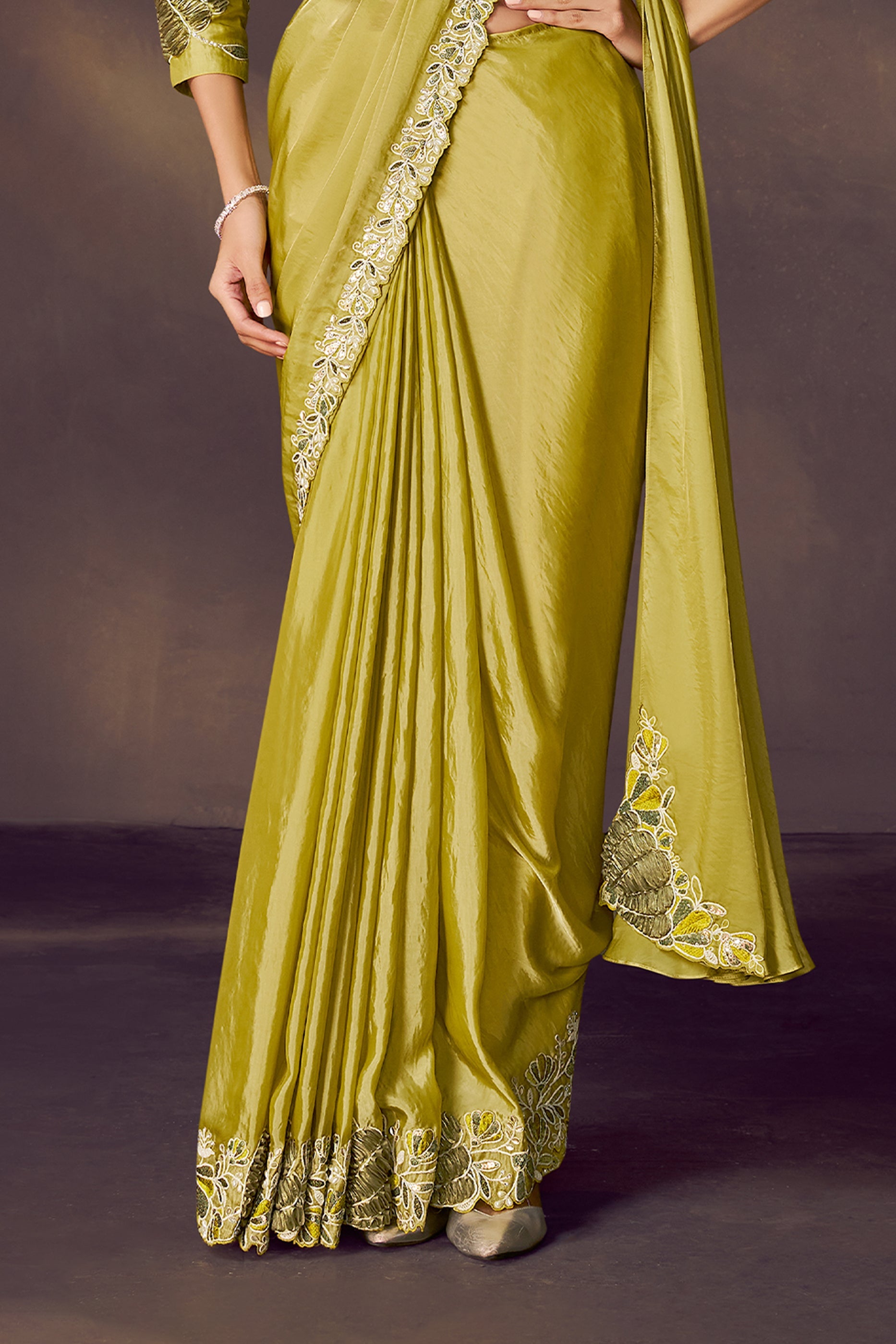 Lime Green Embroidered Satin Readymade Saree with Stitched Blouse-SAR10858_5_SareeButa.com