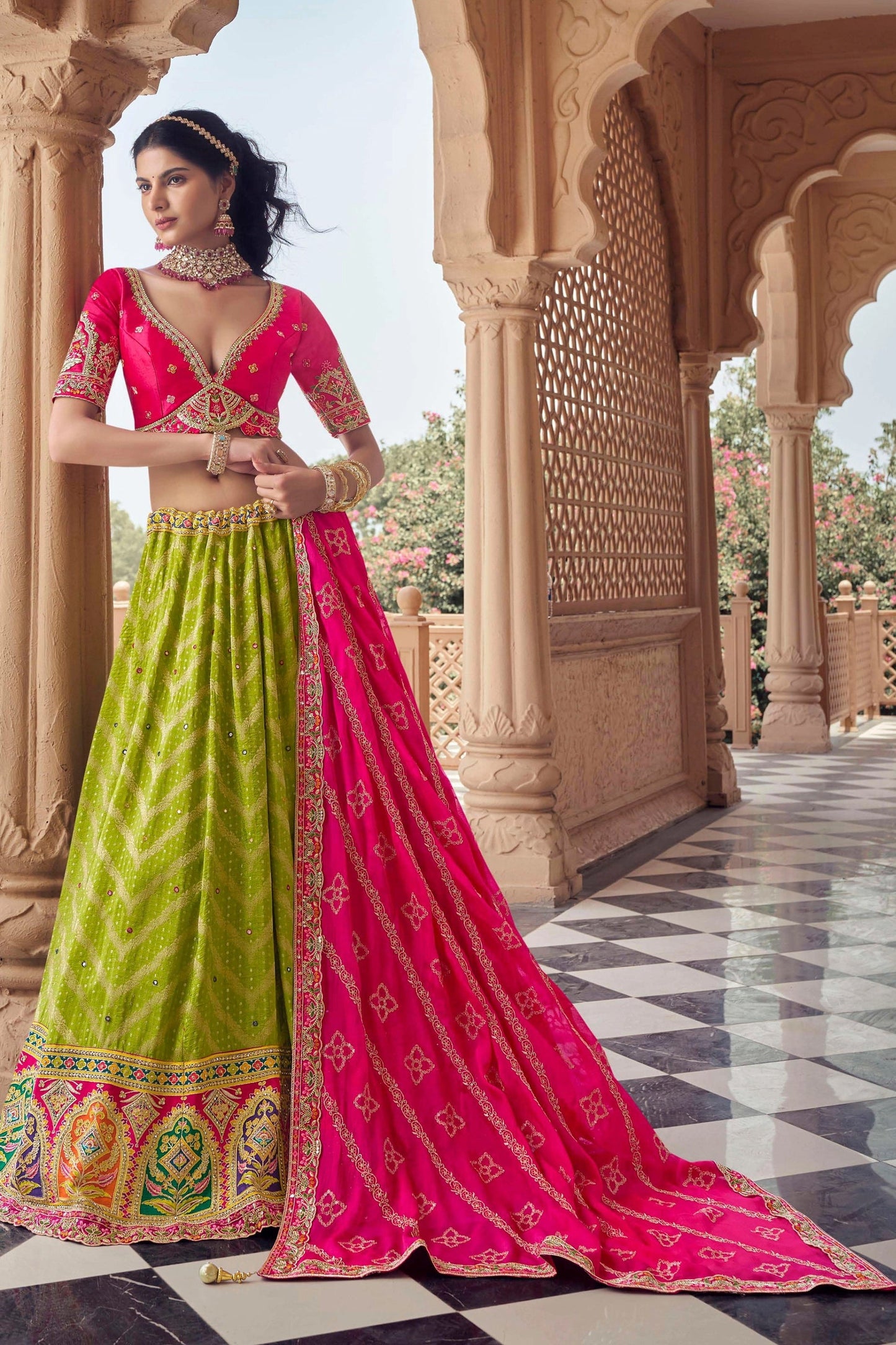 Lime Green Embroidered Semi-Stitched Viscose Silk Lehenga-SAR10347_1_SareeButa.com