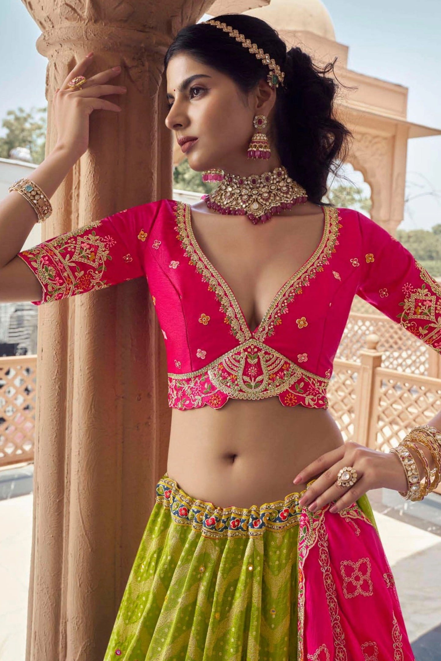 Lime Green Embroidered Semi-Stitched Viscose Silk Lehenga-SAR10347_2_SareeButa.com